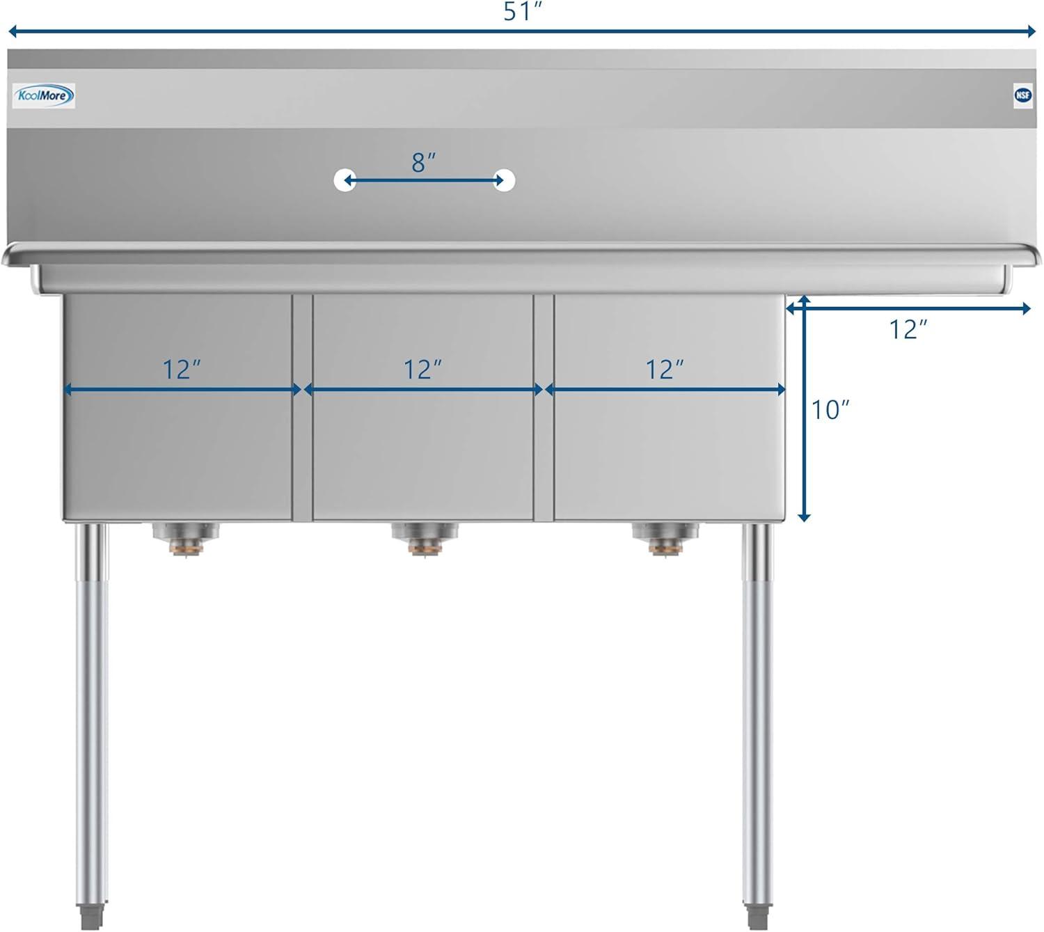 KoolMore 51 in. Three Compartment Stainless Steel Commercial Sink with Drainboard, Bowl Size 12"x 16"x 10"
