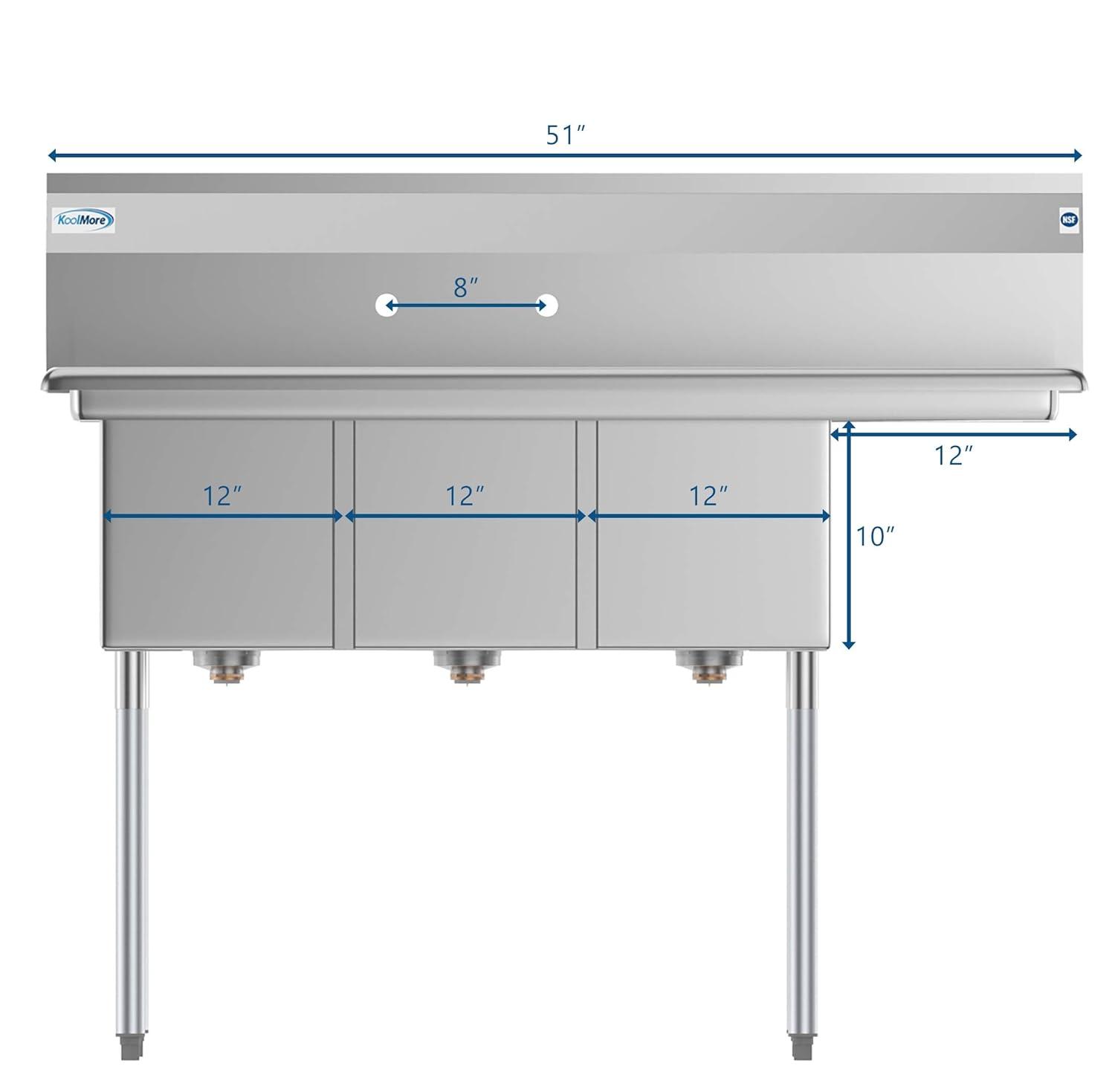 KoolMore 51 in. Three Compartment Stainless Steel Commercial Sink with Drainboard, Bowl Size 12"x 16"x 10"