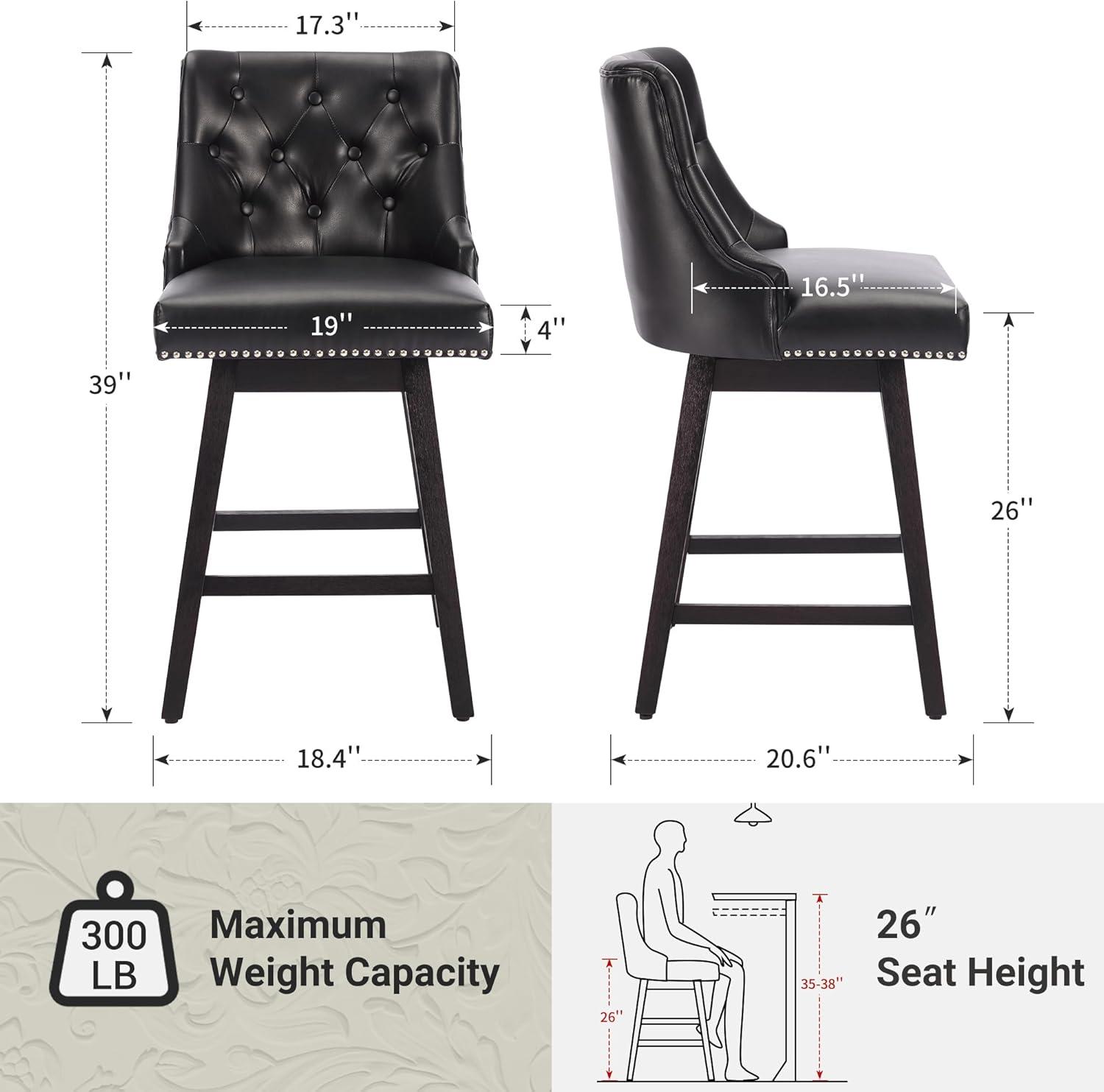 Dycanpo 26'' Swivel Counter Height Bar Stools, Upholstered Barstool with Footrest for Kitchen,Black-Faux Leather