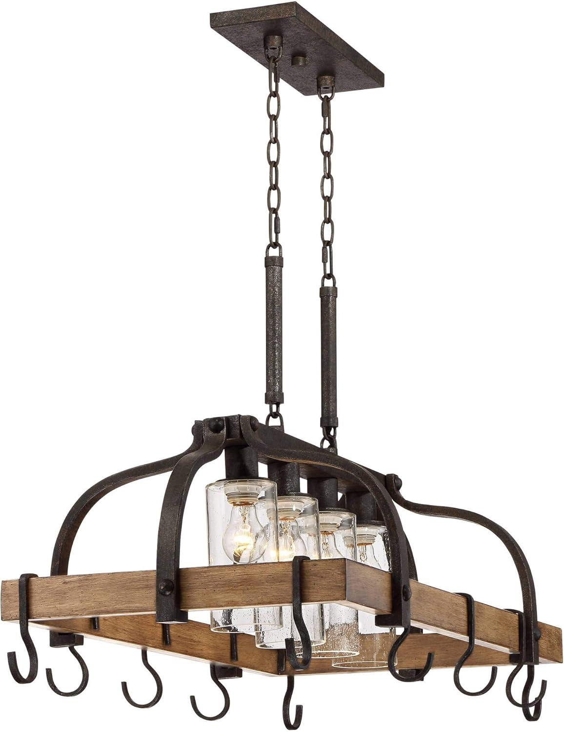 Eldridge Bronze and Wood Pot Rack Chandelier with Seeded Glass