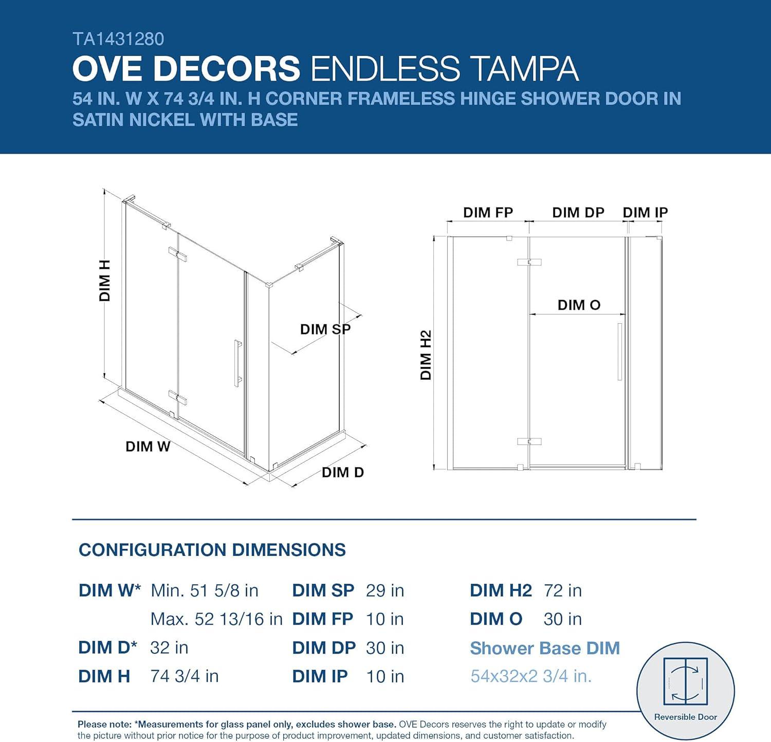 Endless Tampa 54.02'' W 72.01'' H Frameless Rectangle Reversible Shower Kit