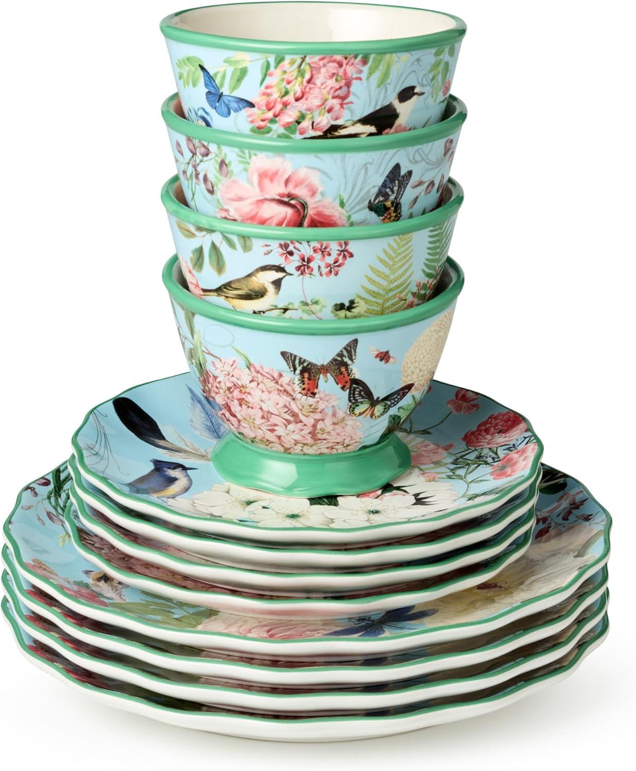 Certified International Flora 16-Piece Dinnerware Set, Service for 4 – Includes Dinner Plates, Dessert Plates, Pedestal Mugs, and Pedestal Ice Cream Bowls with Vibrant Nature-Inspired Floral Designs