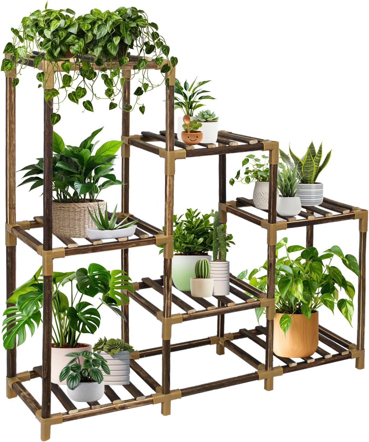 twocorn Plant Stand Indoor, 3-Tier Outdoor Wood Plant Stand for Multiple Plants, Accommodates 7 Potted Plants, Ideal for Room Corners, Balconies, Gardens, and Plant Gardening Gifts C49