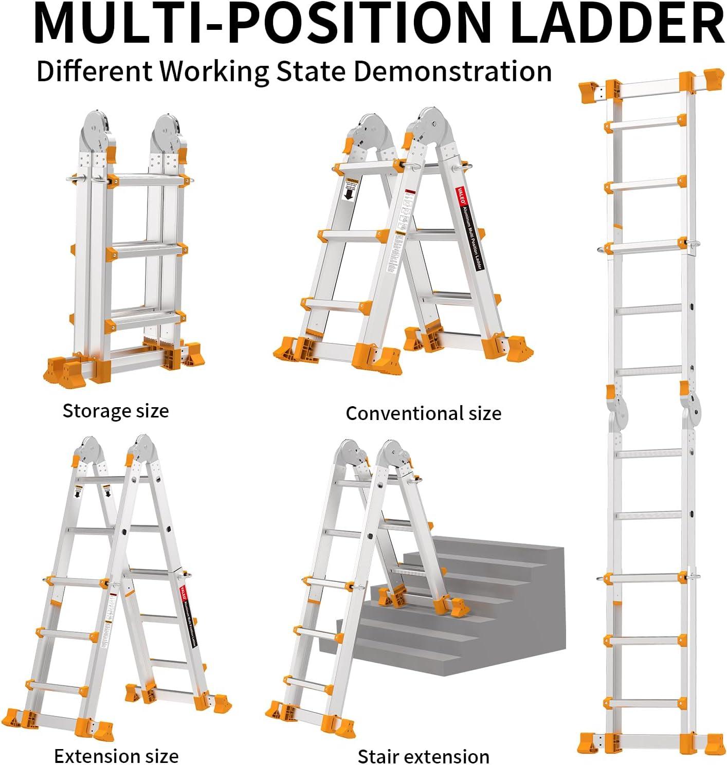 Valeo Ladder 11FT, Multi Position 3 Step Ladder Extension, Anti-Slip A Frame Folding Ladder with Removable Tool Tray, 330lbs Adjustable Telescopic Aluminum Ladders for Stairs Home Indoor Outdoor Roof