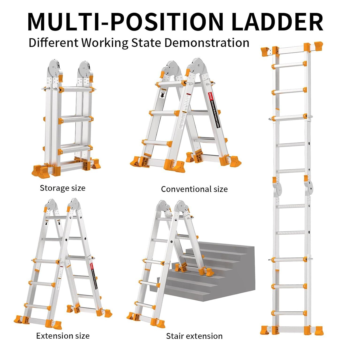 Valeo Ladder 11FT, Multi Position 3 Step Ladder Extension, Anti-Slip A Frame Folding Ladder with Removable Tool Tray, 330lbs Adjustable Telescopic Aluminum Ladders for Stairs Home Indoor Outdoor Roof