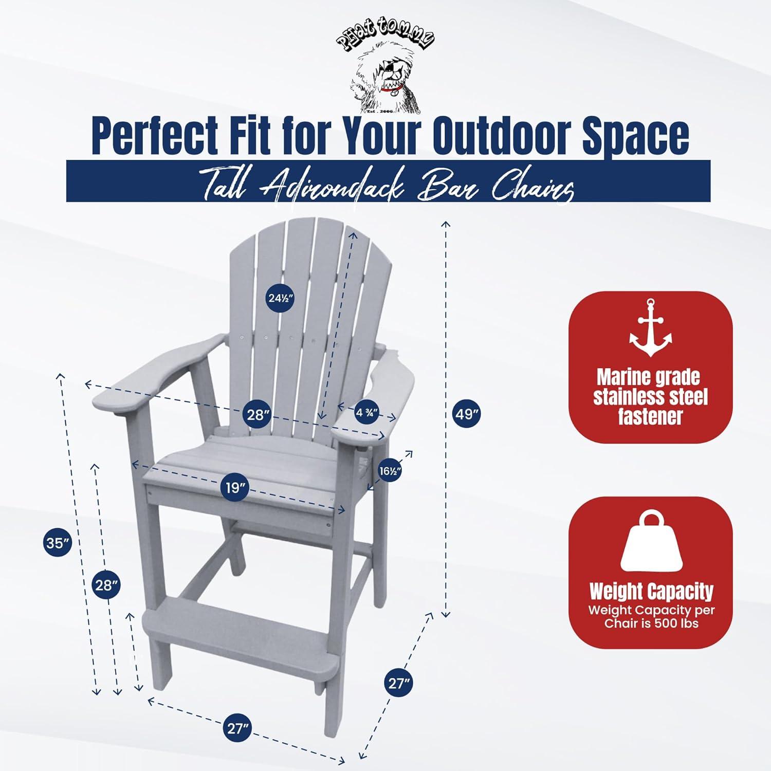 Phat Tommy Tall Adirondack Chair - HDPE Outdoor Furniture - Poly Adirondack Bar Stool - Heavy, Stress Free Furniture for Balcony, Deck, Patio, Front Porch, Grey