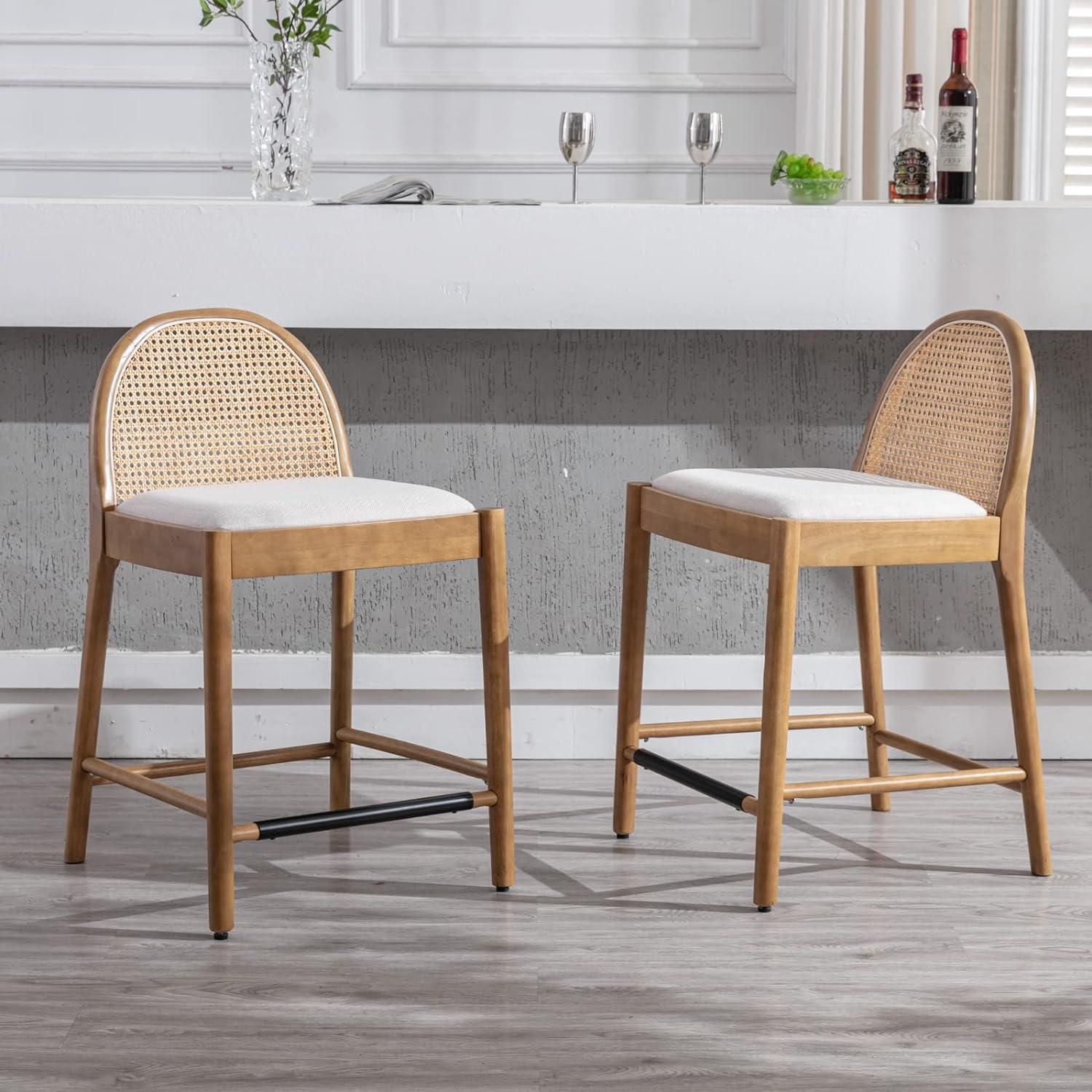 Emington Modern Bar Stools Counter Height Bar Stools with Rattan Backrests and Wood Frame (Set of 2)