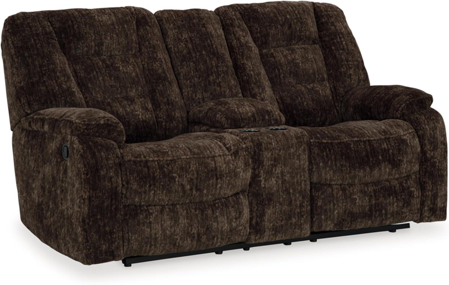 Brown Velvet Manual Reclining Loveseat with Storage and Cup Holders