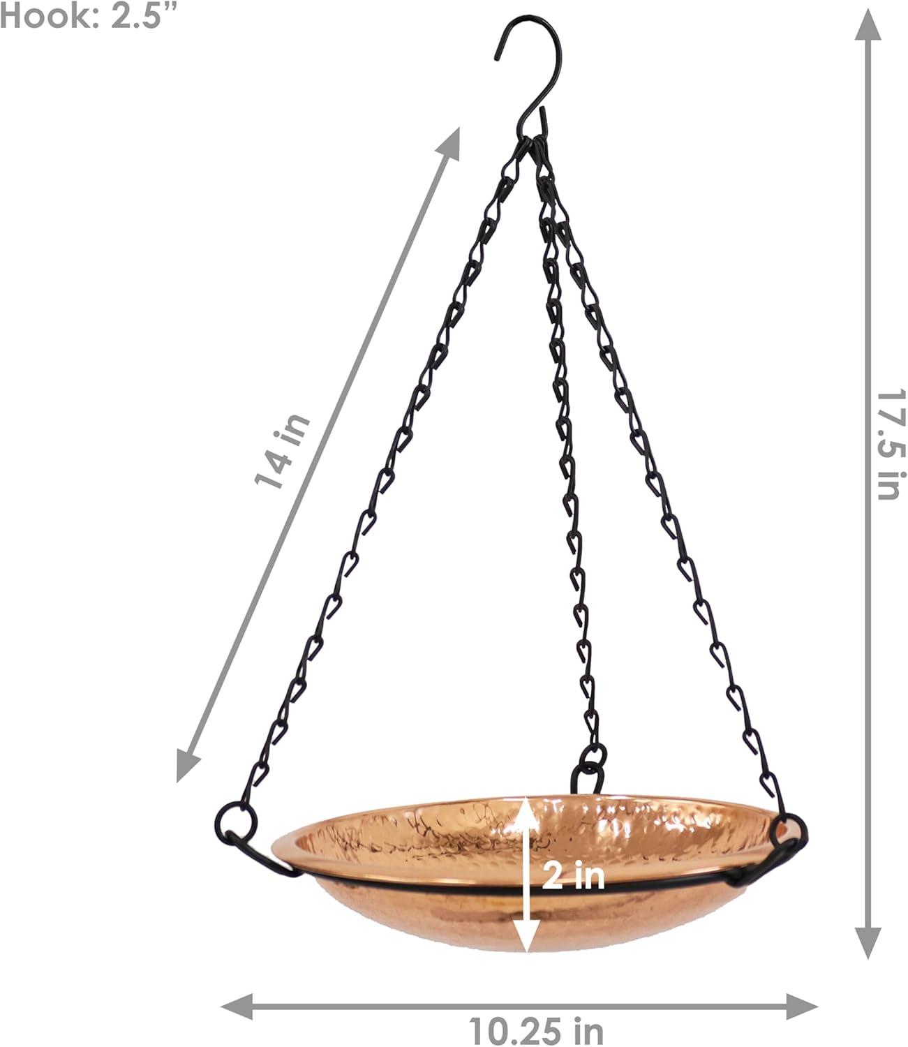 Hand-Hammered Copper Hanging Bird Bath Feeder with Iron Chains