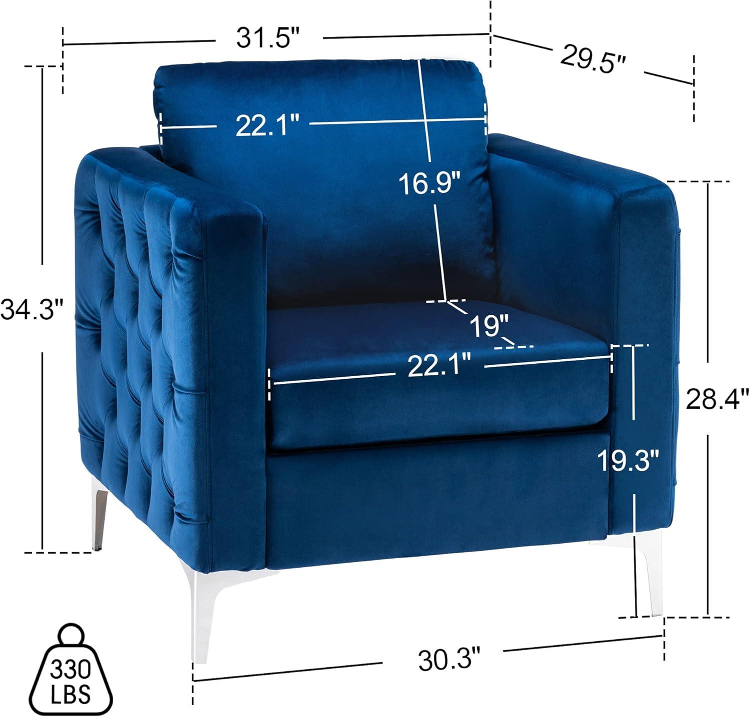 Blue Velvet Tufted Barrel Accent Chair with Silver Metal Legs