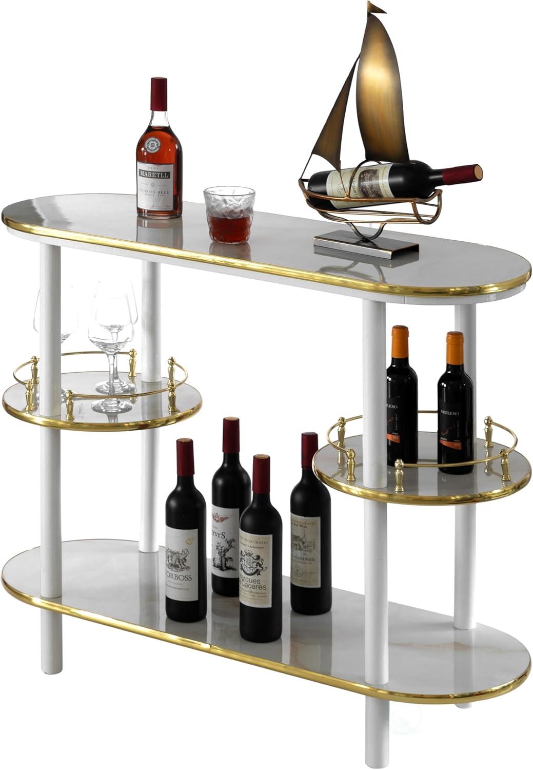 Sleek Brown Wooden Console Bar with Tiered Shelving and Wine Storage