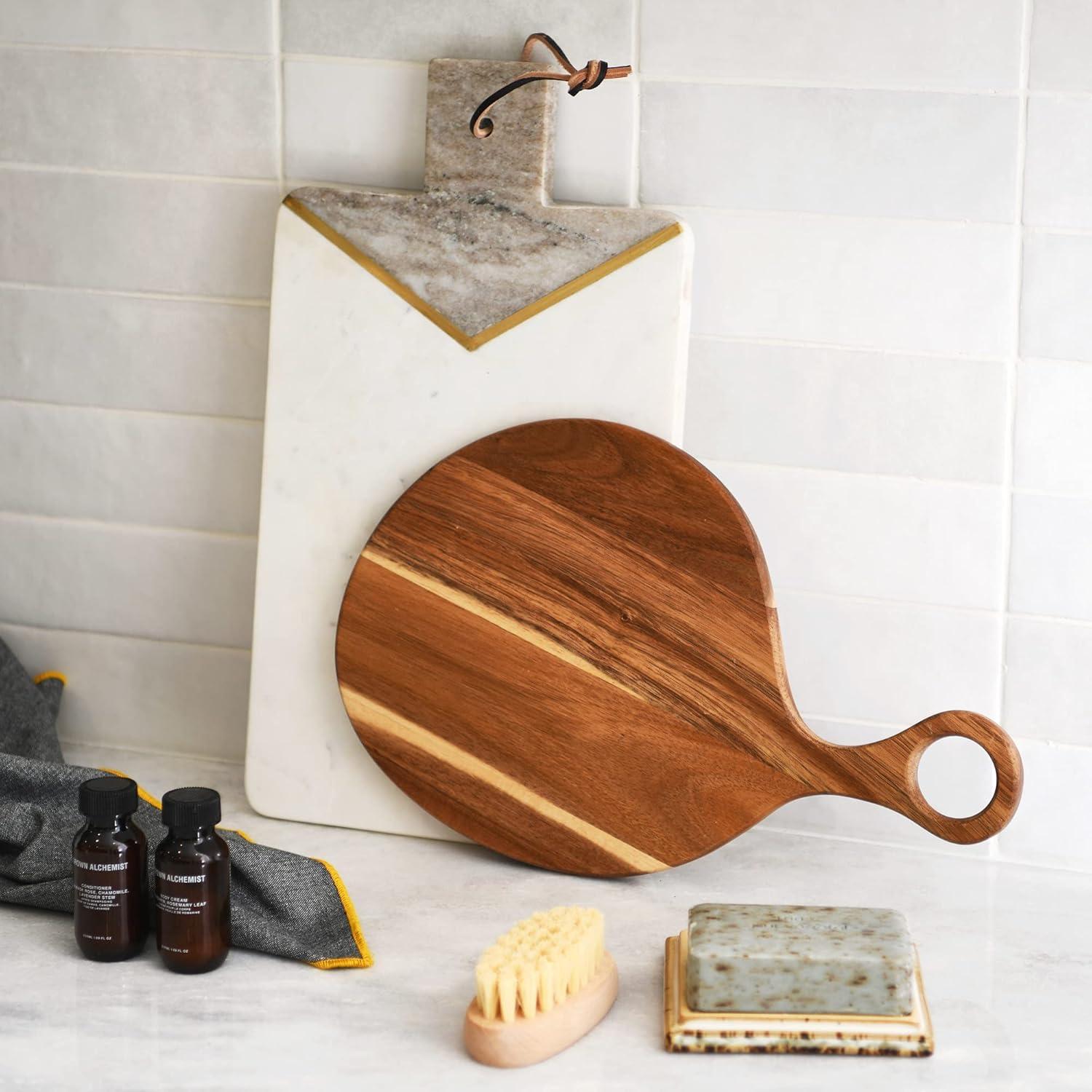 Modern Boho Round Acacia Wood Cutting Board with Handle - Chopping, Cheese Board, Charcuterie Tray - Natural Kitchen Decor