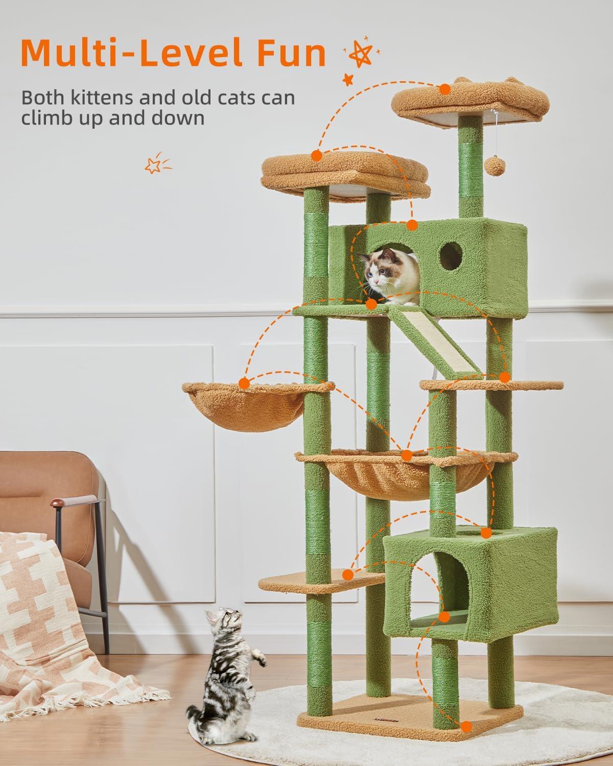 71-Inch Large Cat Tree For Large Cats Plush Multi-Level Cat Condo With 8 Scratching Posts 2 Perches Cave Hammock 2 Pompoms Scratch Board