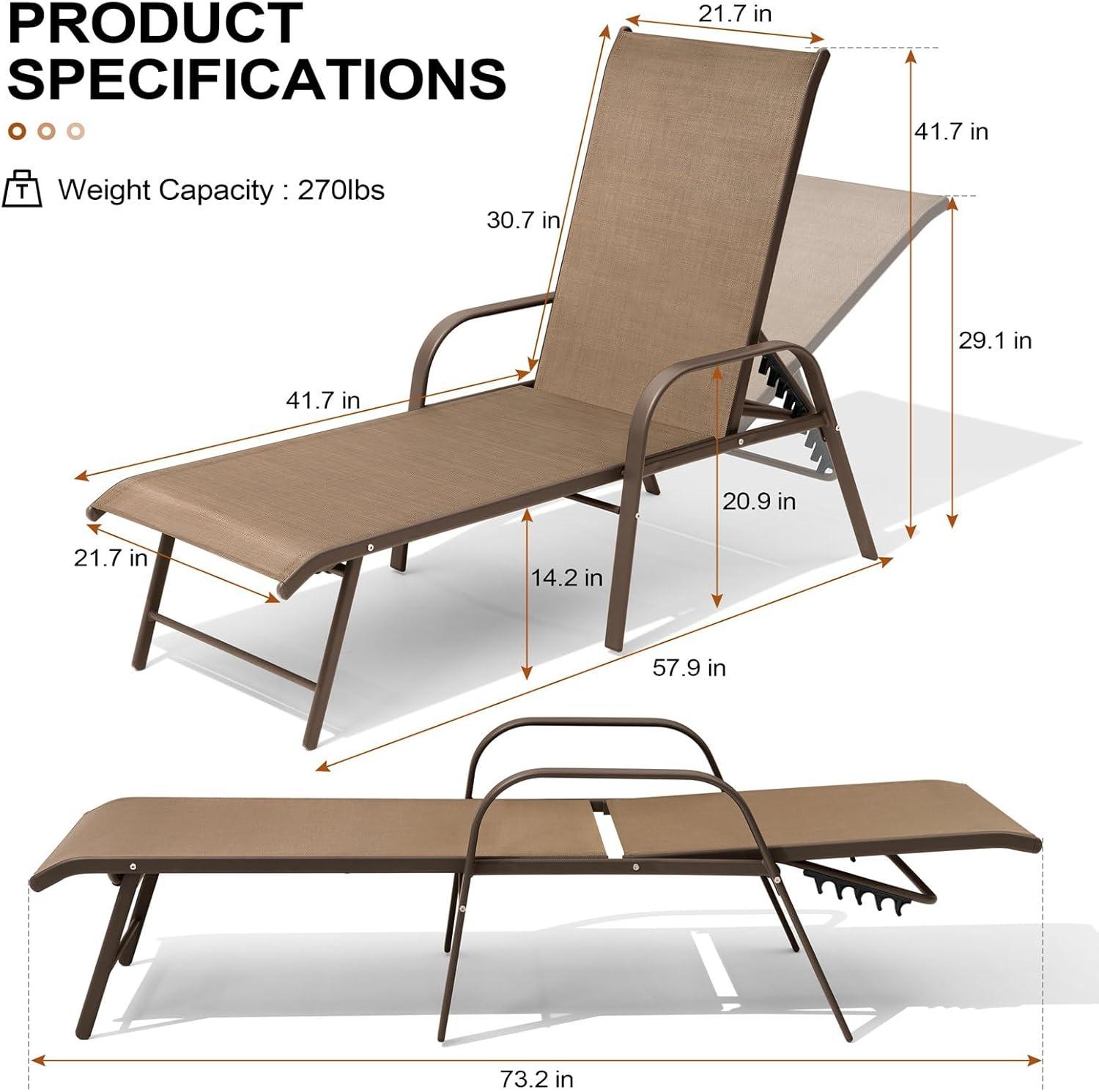 Crestlive Products Set of 2 Aluminum Patio Chaise Lounge Chairs Outdoor Recliners, Brown