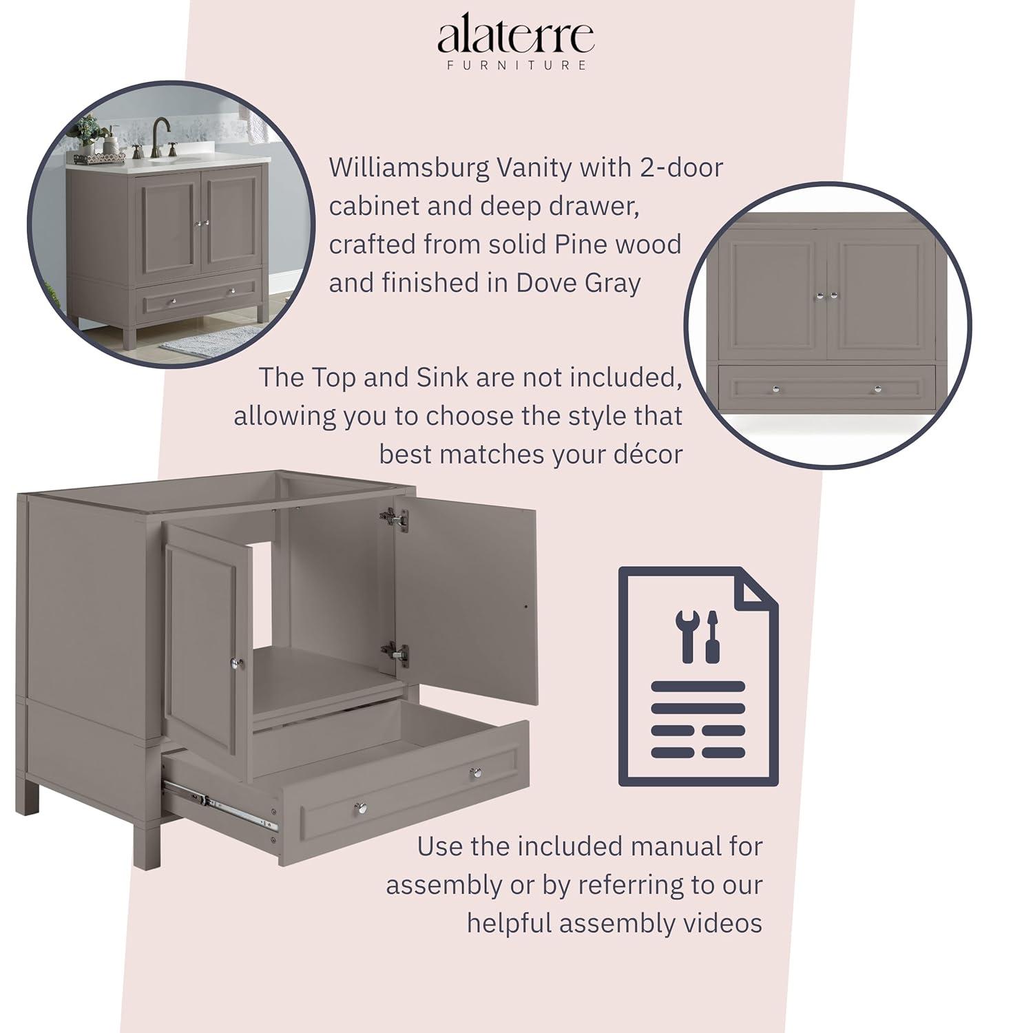 Williamsburg 36"W Transitional Style Vanity Cabinet With Soft Close Doors And Drawers