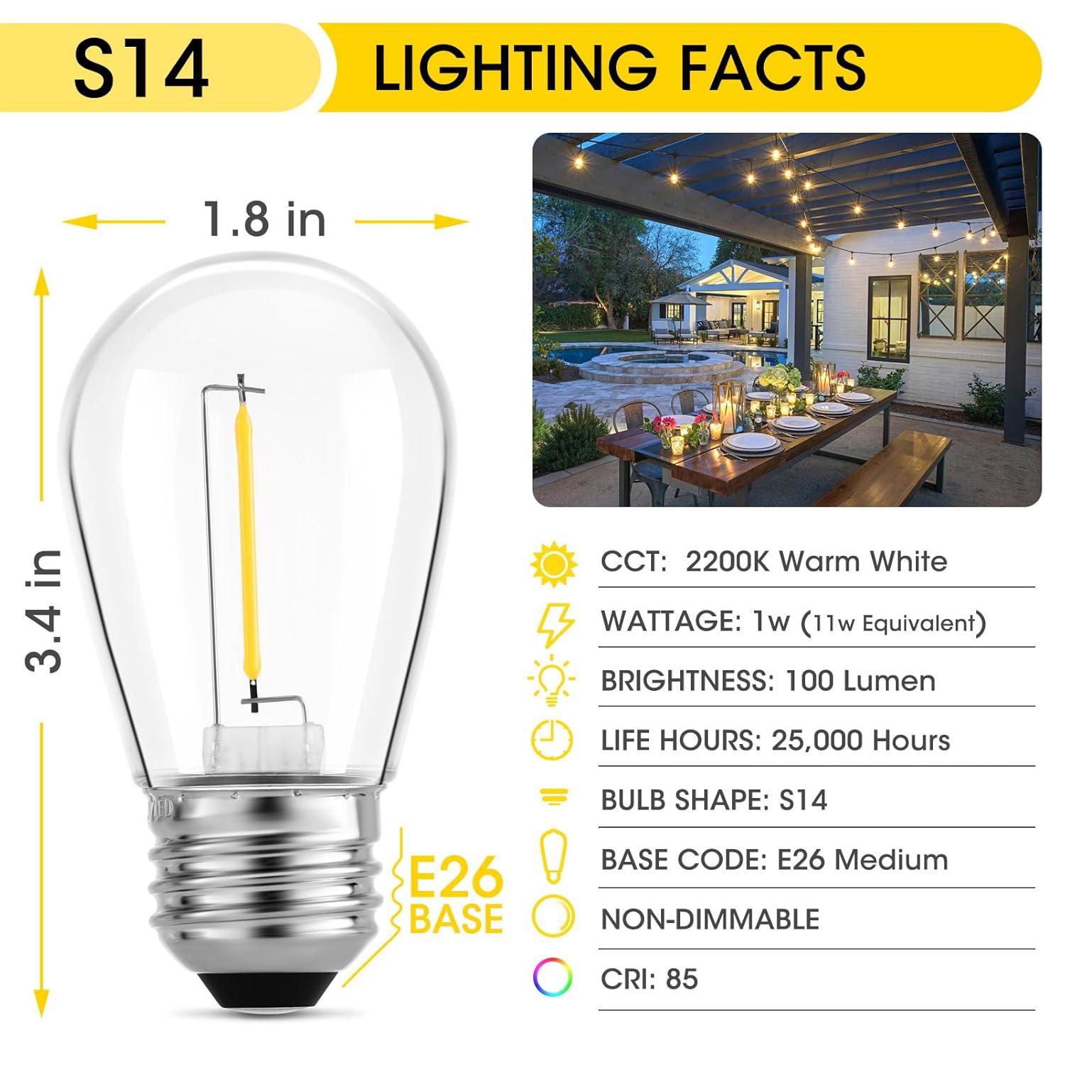 Svater Replacement Bulbs for Outdoor String Lights, 15 Pack S14 LED Bulbs for Patio, E26 Base 1W Bulb Equal to 11W Incandescent, Dimmable,Shatterproof 2700K Warm White