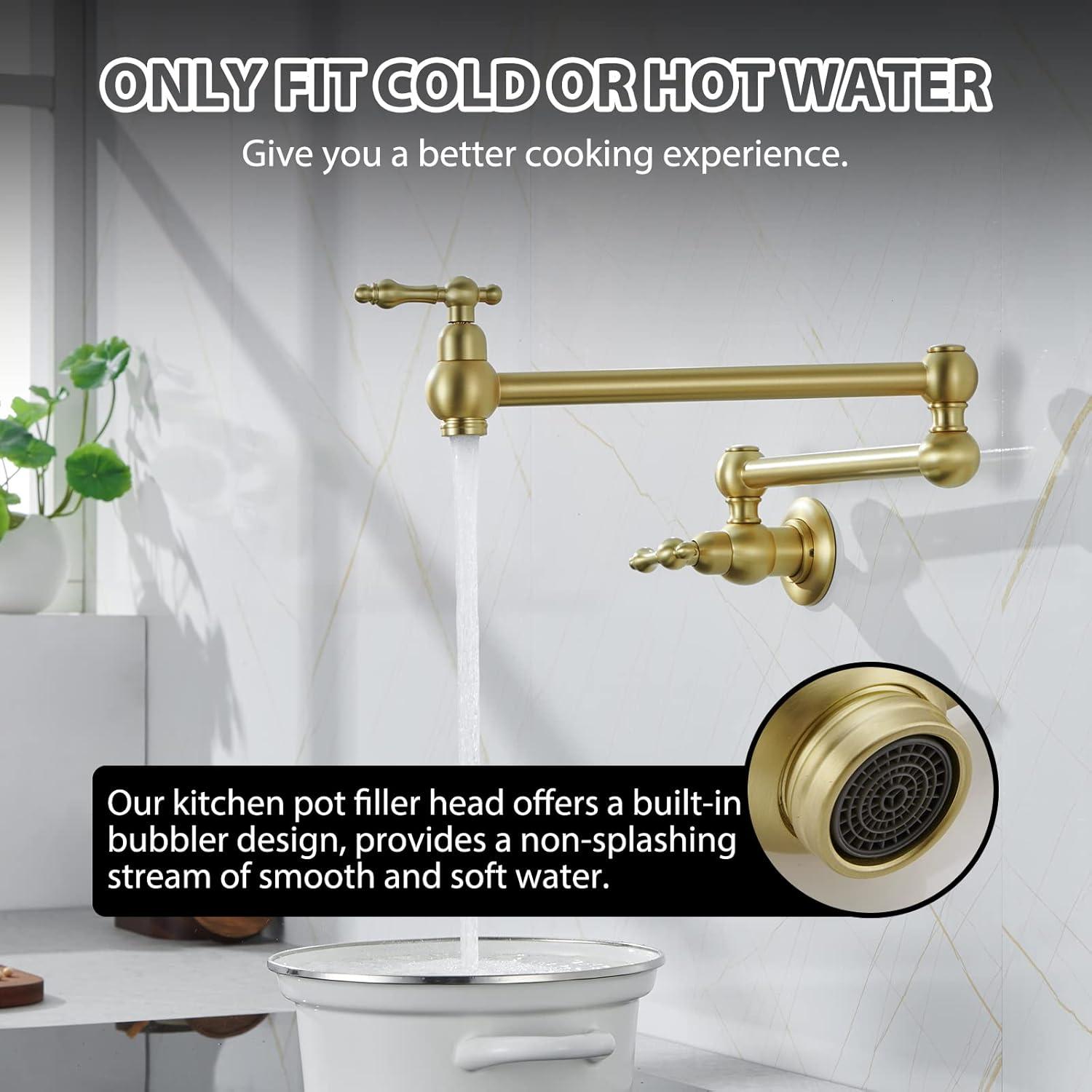 Pot Filler Faucet, Solid Brass Brushed Gold Single Cold Kitchen Faucet Wall Mounted Kitchen Pot Filler Faucet Double Joint Swing Arm Faucet