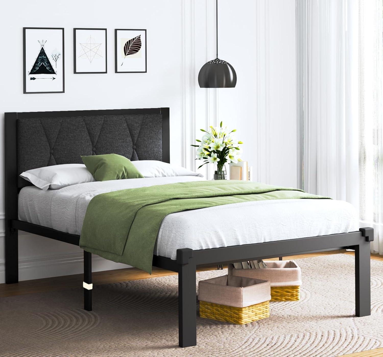 Dark Grey Twin Size Metal Bed Frame with Fabric Tufted Headboard