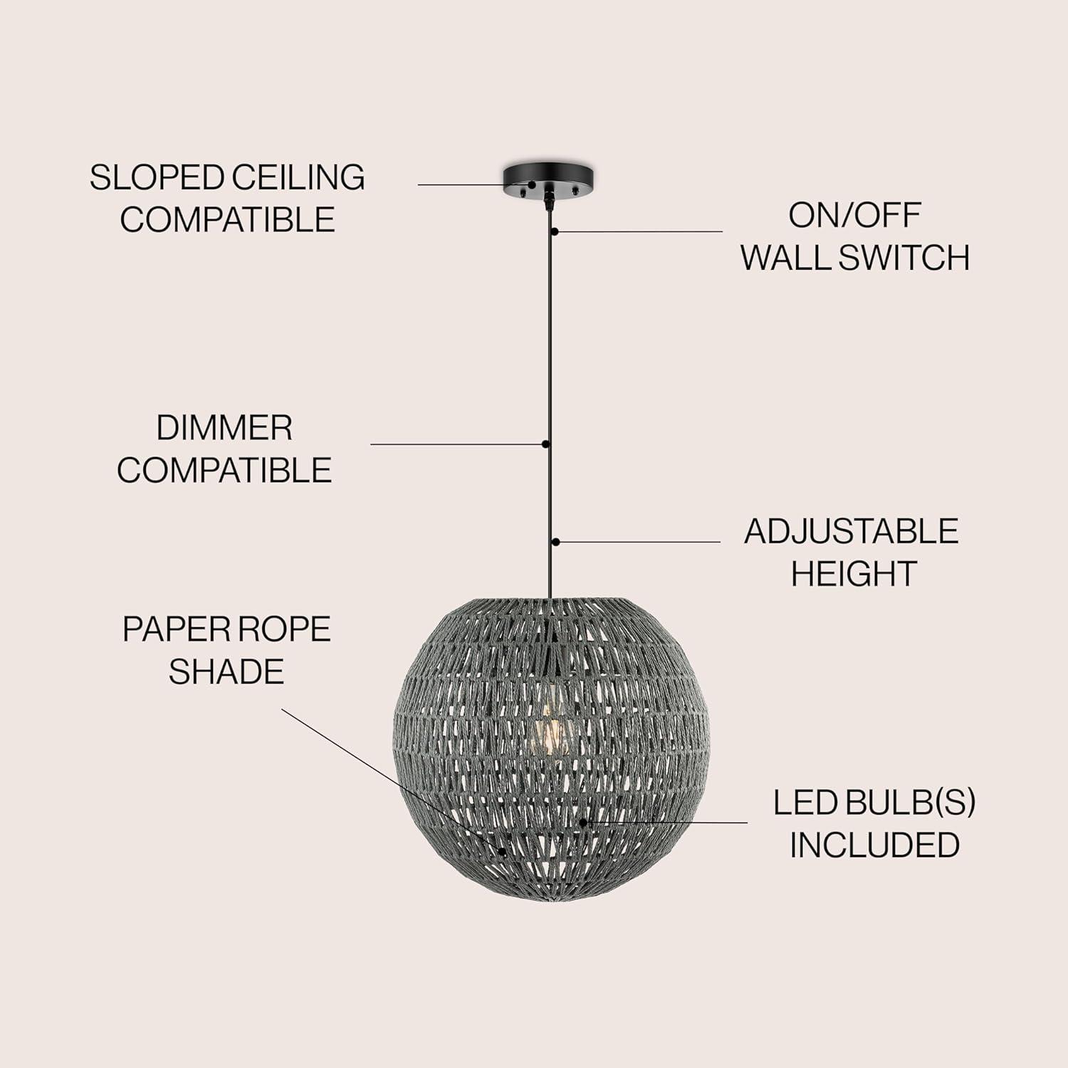 Luna 15.75" 1-Light Bohemian Modern Woven Rattan/Iron LED Pendant, Grey/Black