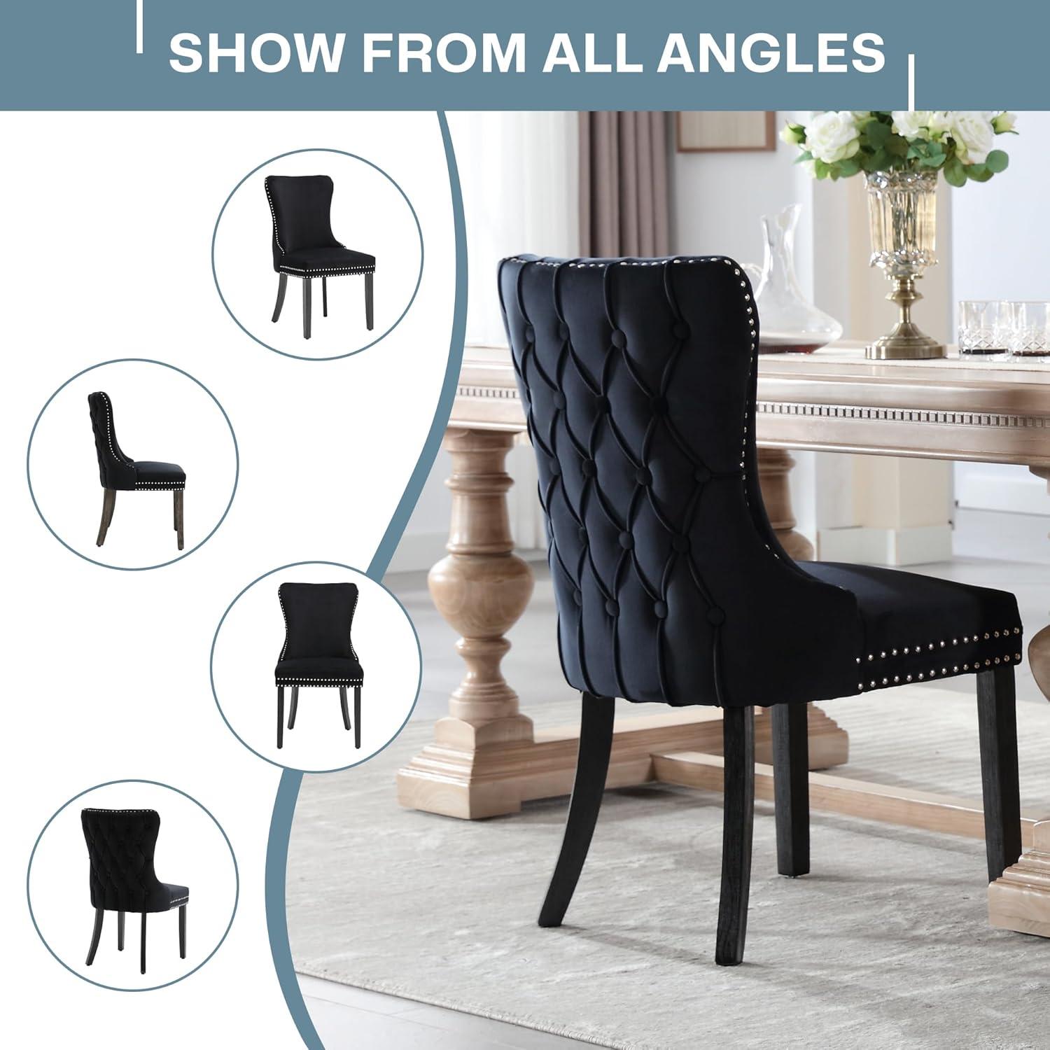 Black Velvet Upholstered Dining Chairs with Wood Legs