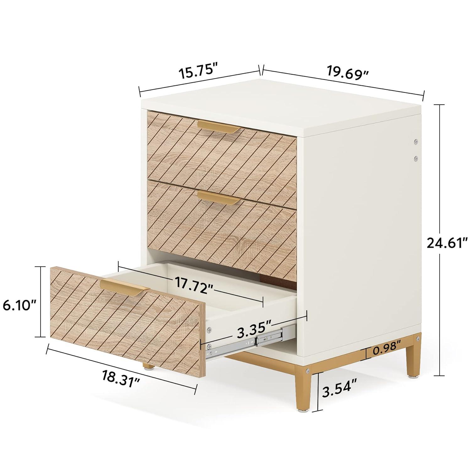 Topcobe Night Stands for Bedrooms, White and Gold Light Wood Grain Nightstands with 3 Drawers Bedside End Tables Storage for Living Room