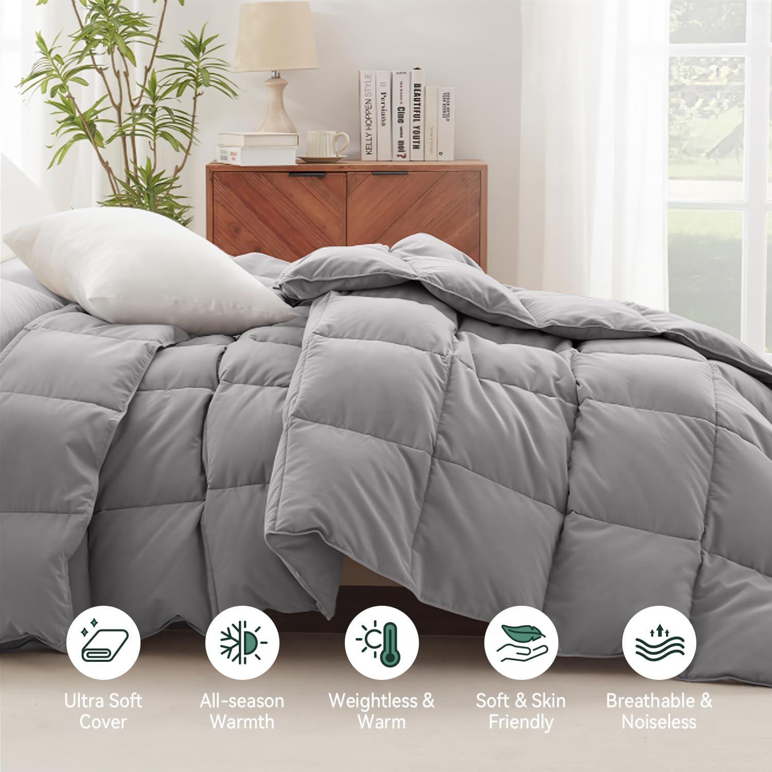 WarmKiss Queen Size Goose Feather Down Comforter – Ultra-Soft 100% Cotton Cover, Moisture-Wicking, Natural Kapok Fill, 46oz Medium Warmth, All-Season Fluffy Duvet Insert (90x90, Grey)