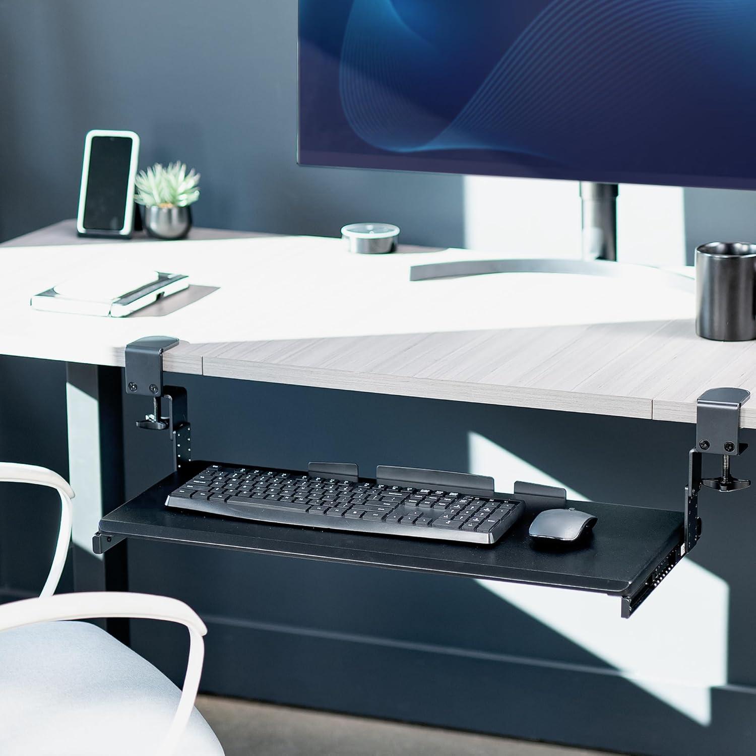 VIVO Black Clamp-on Height Adjustable Keyboard and Mouse Under Desk Slider Tray