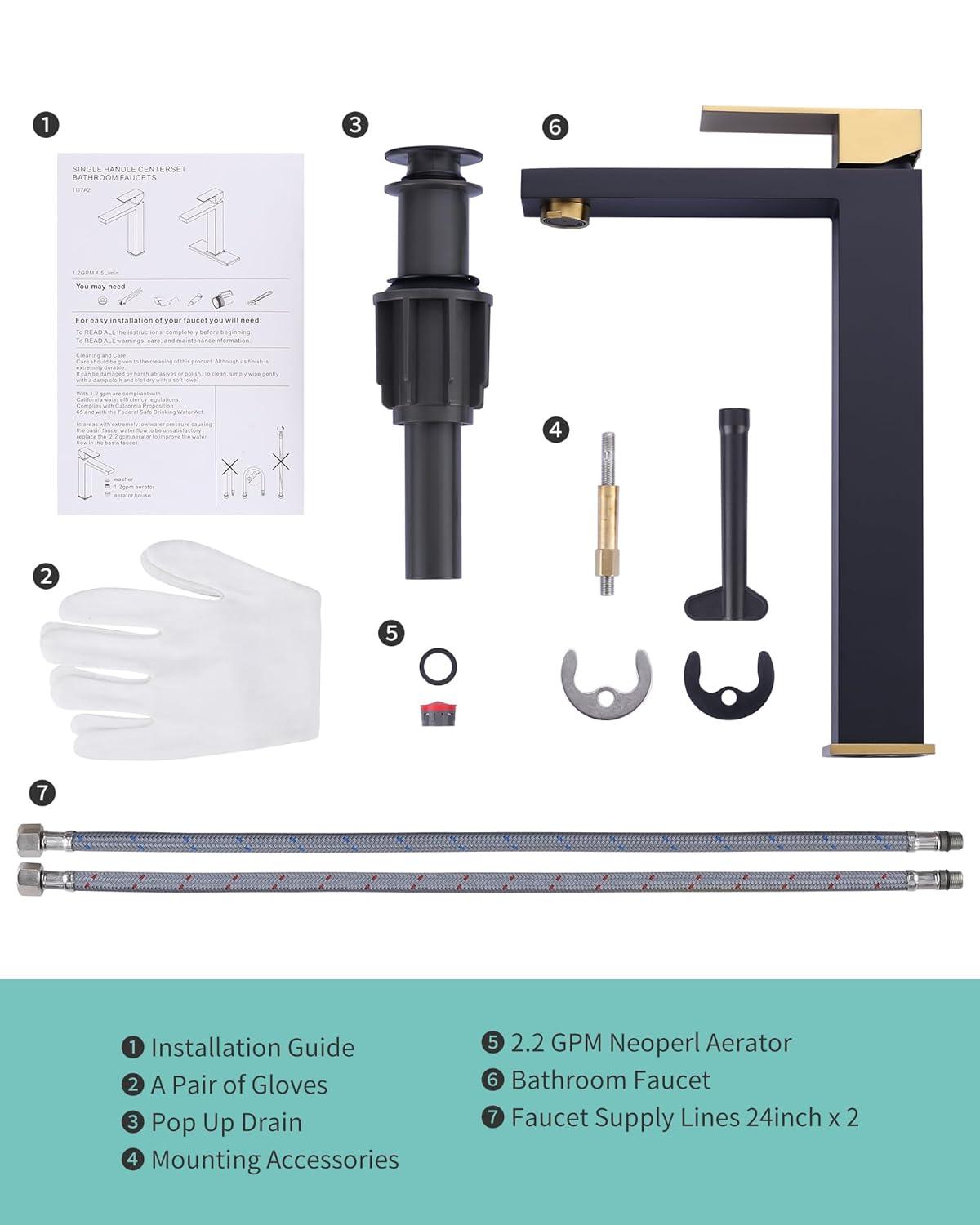 Single Handle Single Hole Bathroom Faucet with Drain Include in Black and Gold