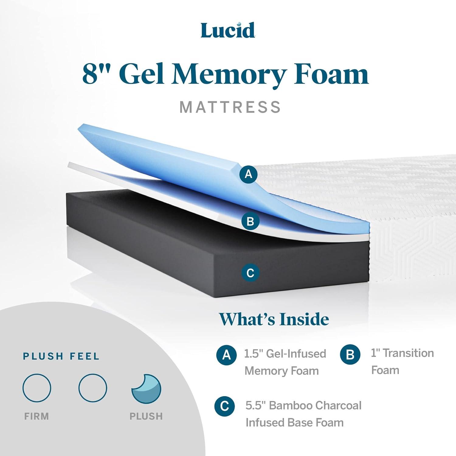Lucid 8 Inch Queen Mattress - Plush Gel Memory Foam – Bamboo Charcoal Foam –Gel Infused- Hypoallergenic Mattress