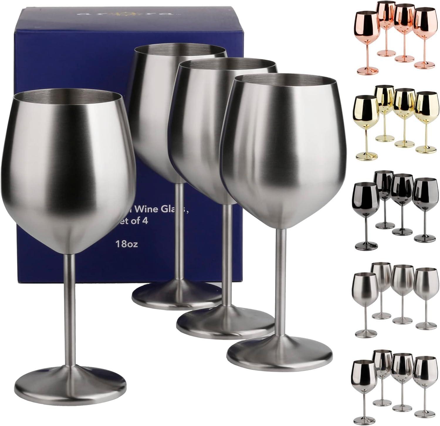 Arora 18oz Matte Silver Stainless Steel Wine Glass Set of 4