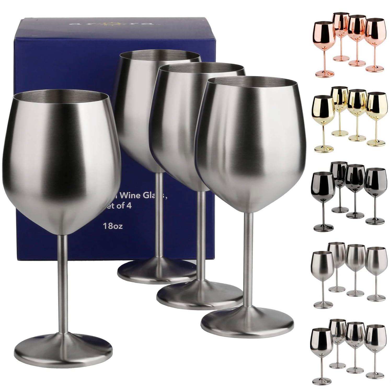 Stainless Steel Wine Glass 18oz - Set of 4 Matte Silver - 3.6" D x 8.3" H, Large (851005)