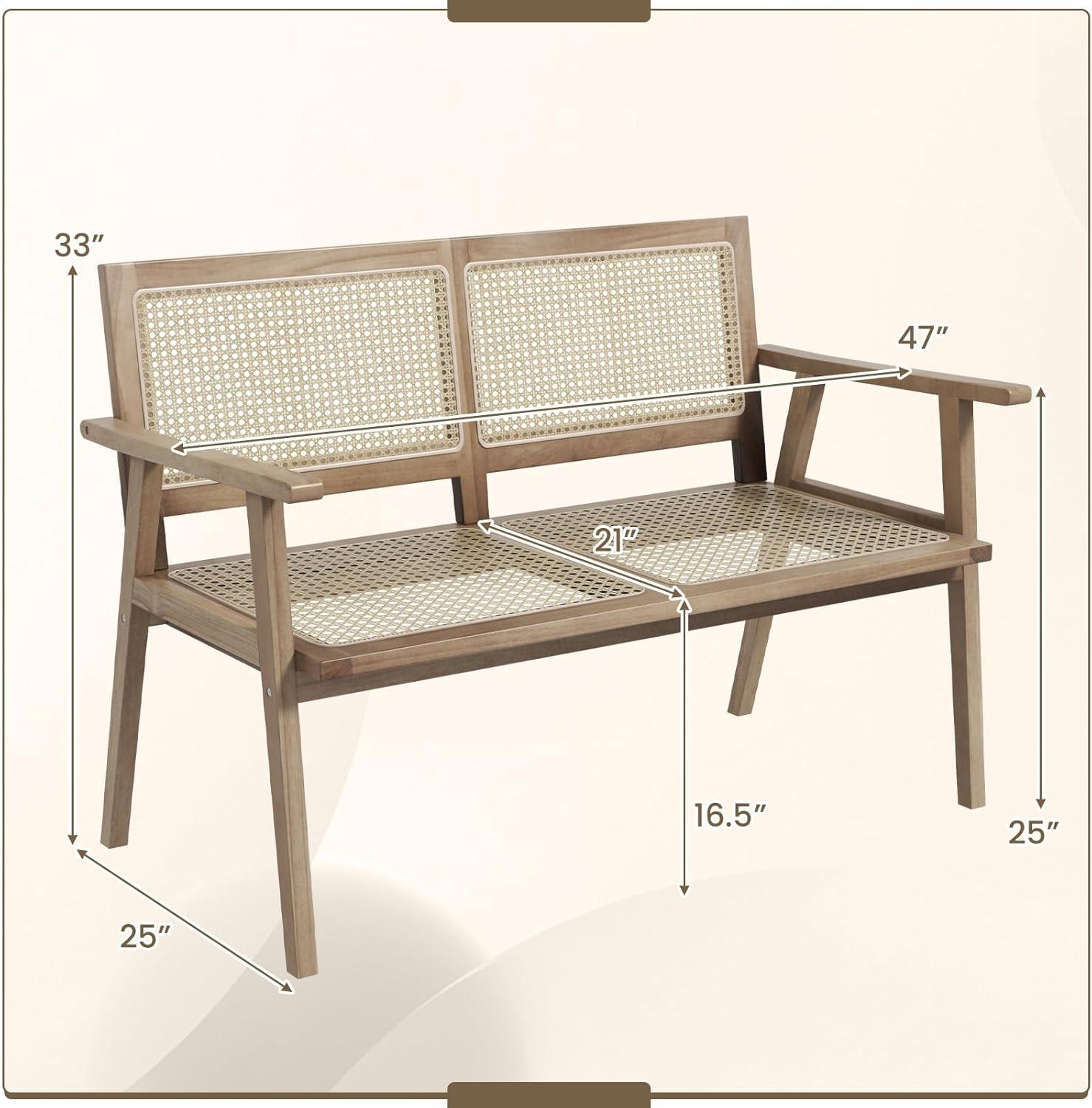 Tangkula Outdoor Teak Wood Garden Bench, 2-Person Patio Bench with Armrests, Rattan Backrest & Seat, Patio Garden Bench for Porch, Lawn, Balcony and Backyard, Natural