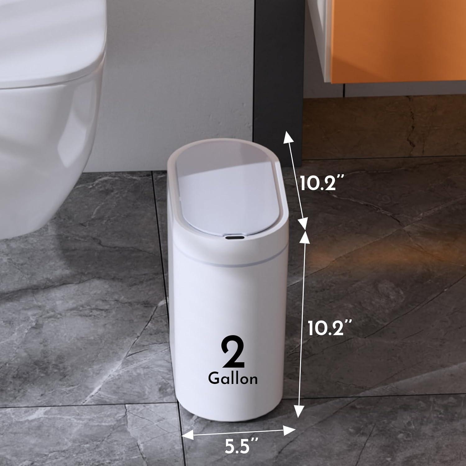 Bathroom Trash Can with Lid 2 Gallon Slim Motion Sensor Garbage Can Narrow Automatic Plastic Trash Bin for Bedroom, Living Room, Toilet, Office (White)