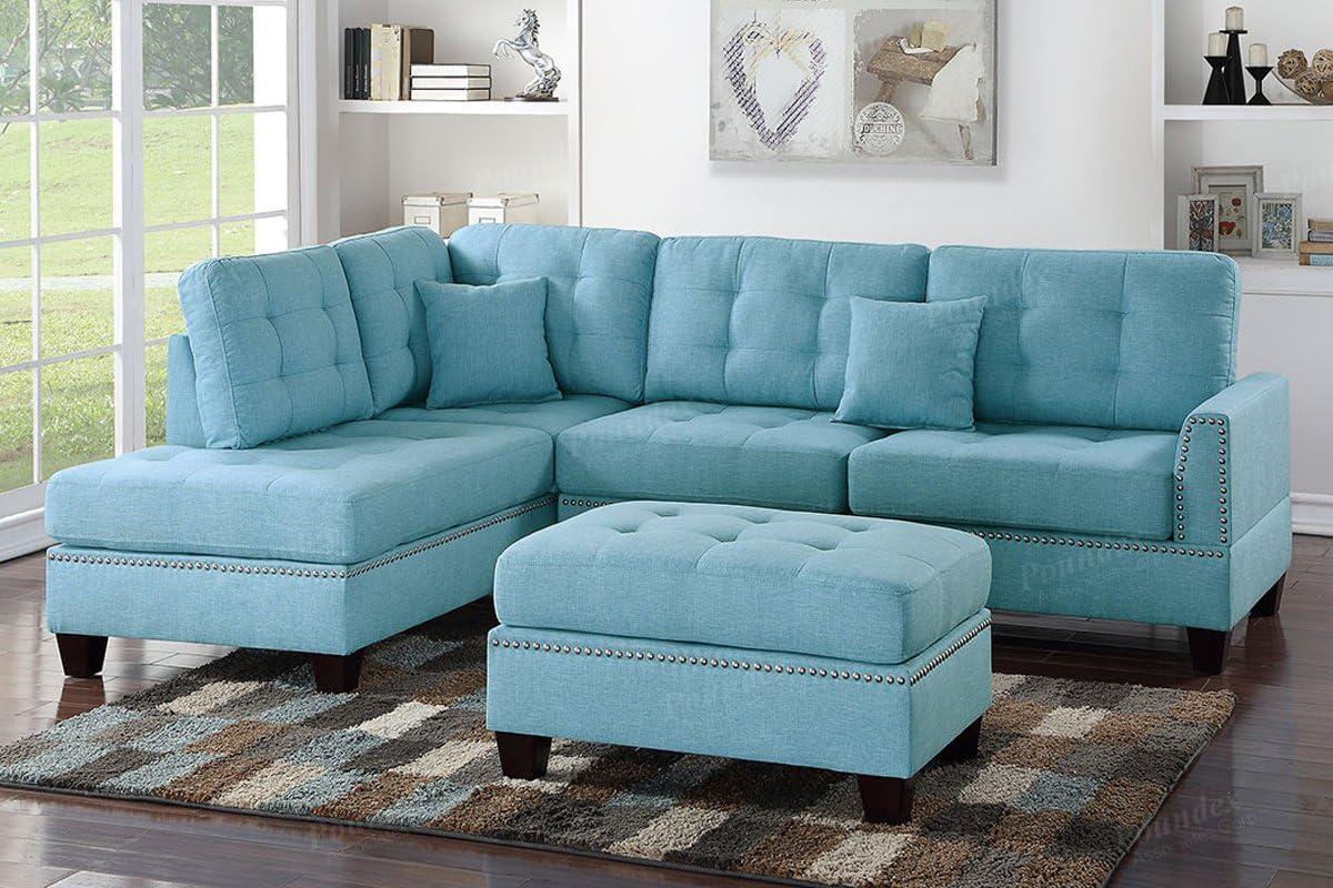 Bobkona Adolph Reversible Sectional Set with Ottoman in Light Blue.