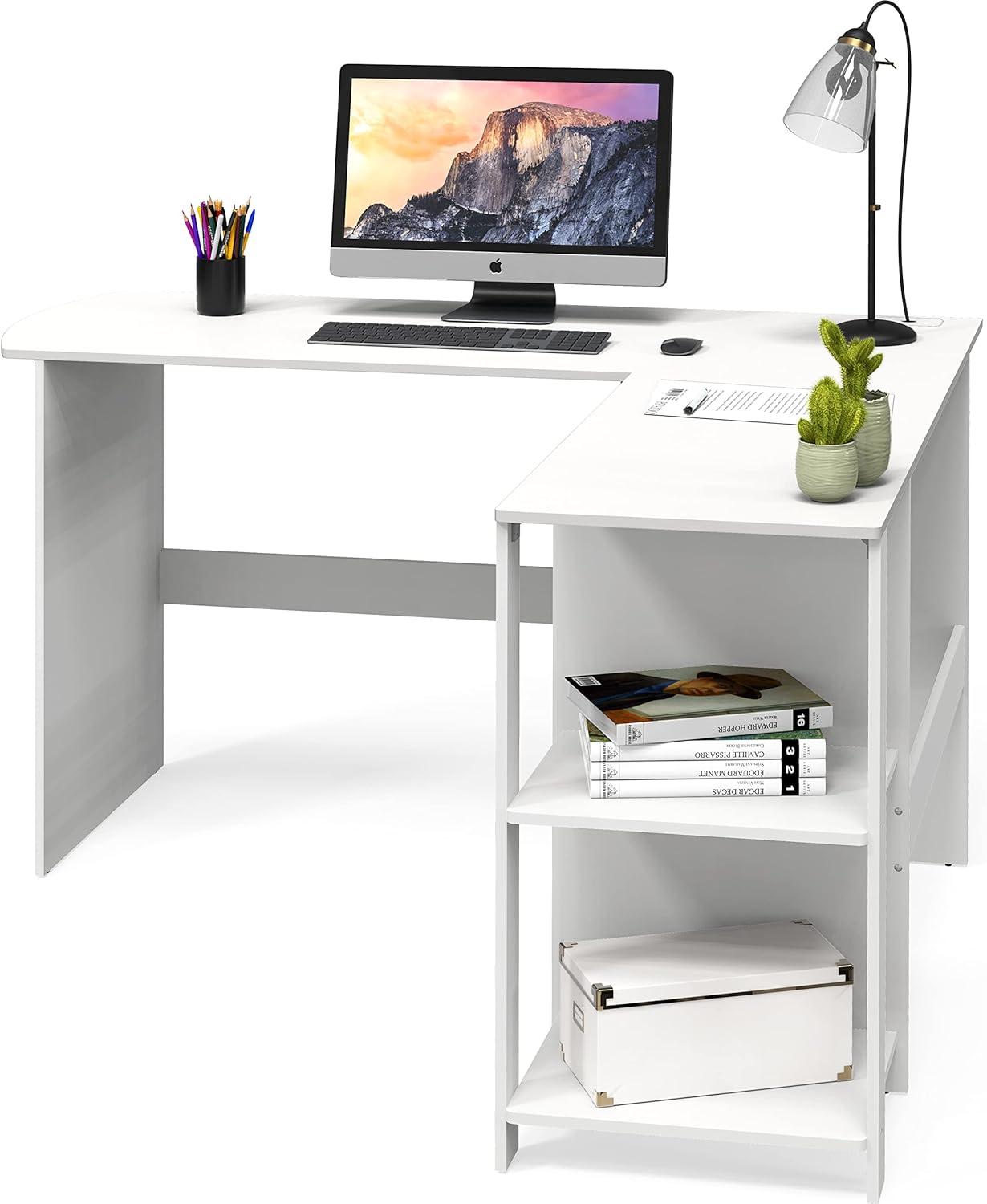 SHW 51 x 51 Inches L-Shaped Home Office Wood Corner Desk wtih Storage, White