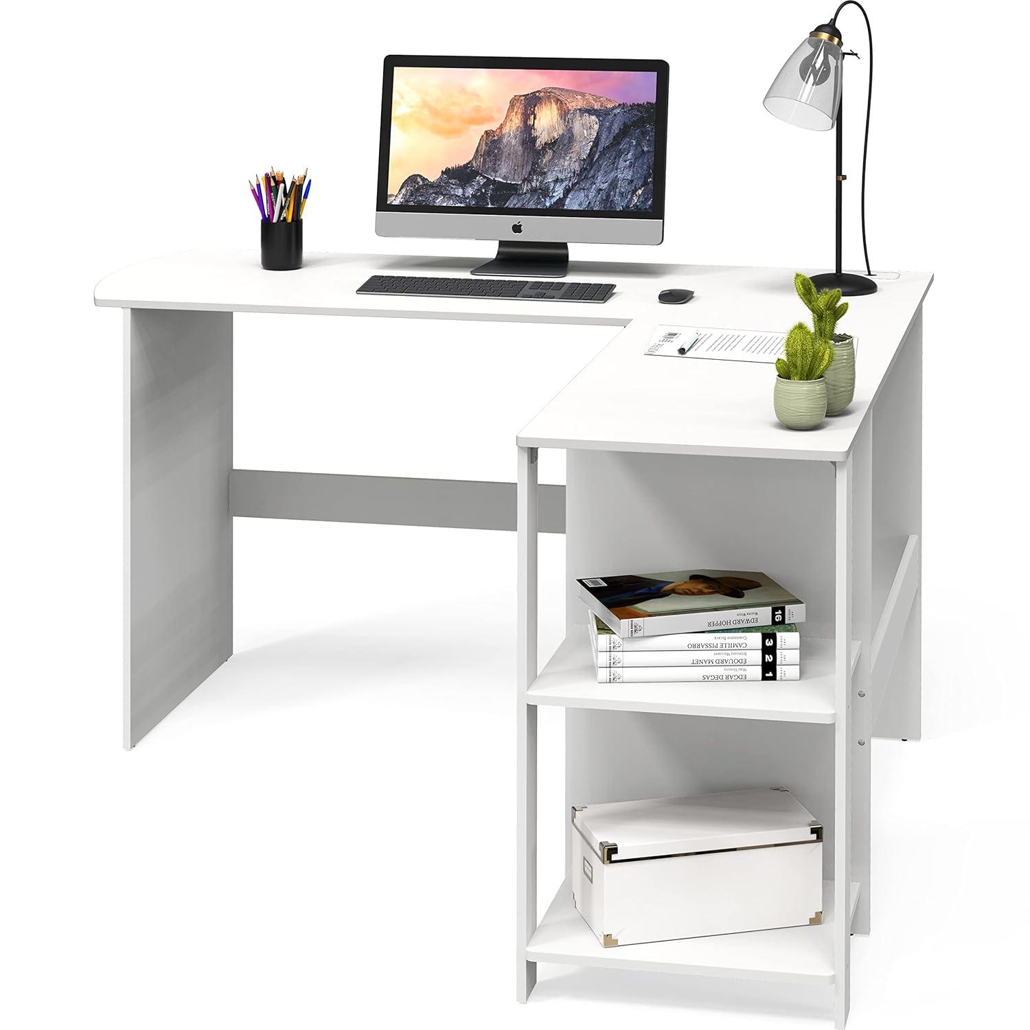 SHW 51 x 51 Inches L-Shaped Home Office Wood Corner Desk wtih Storage, White