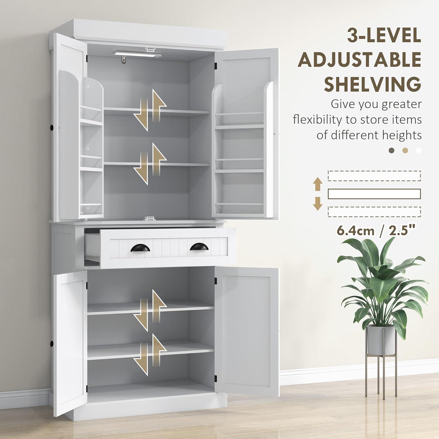 HOMCOM 71" LED Kitchen Pantry Cabinet, Tall Storage Cabinet with 6 Door Shelves, a Drawer and 4 Adjustable Shelves, White