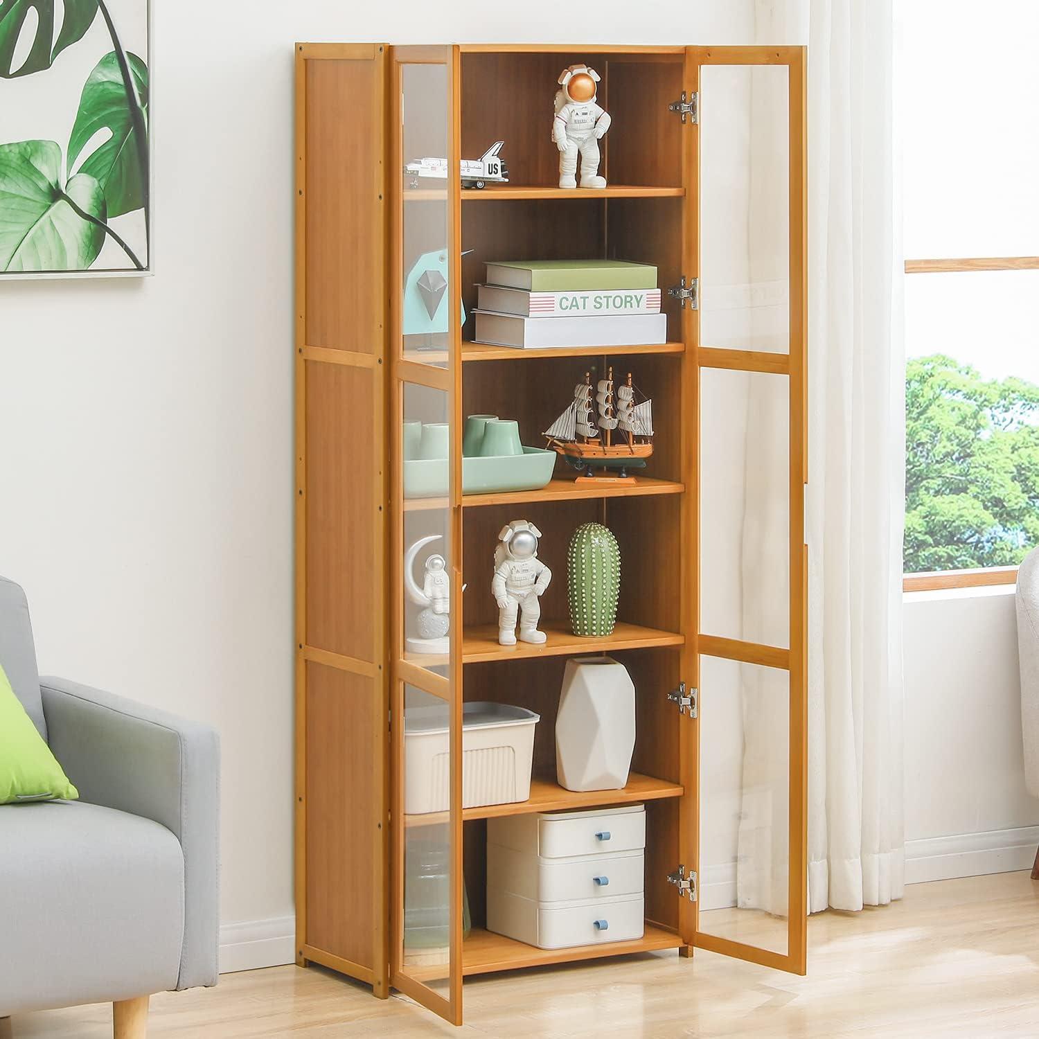 Modern Bamboo 6-Tier Bookcase with Acrylic Doors in Brown