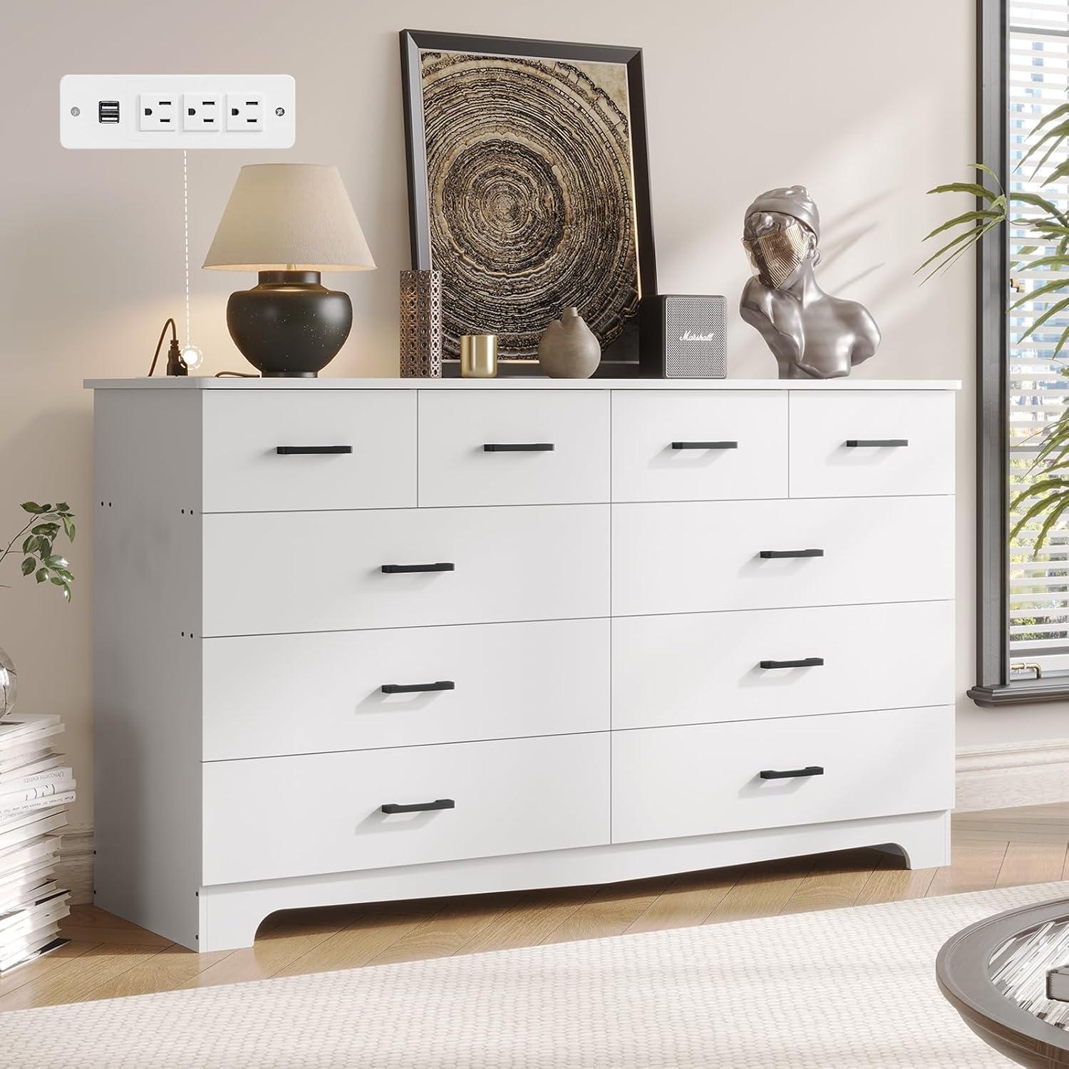 10 Drawers Dresser for Bedroom, Chest of Drawers with Charging Station, Bedroom Storage Organizer, White