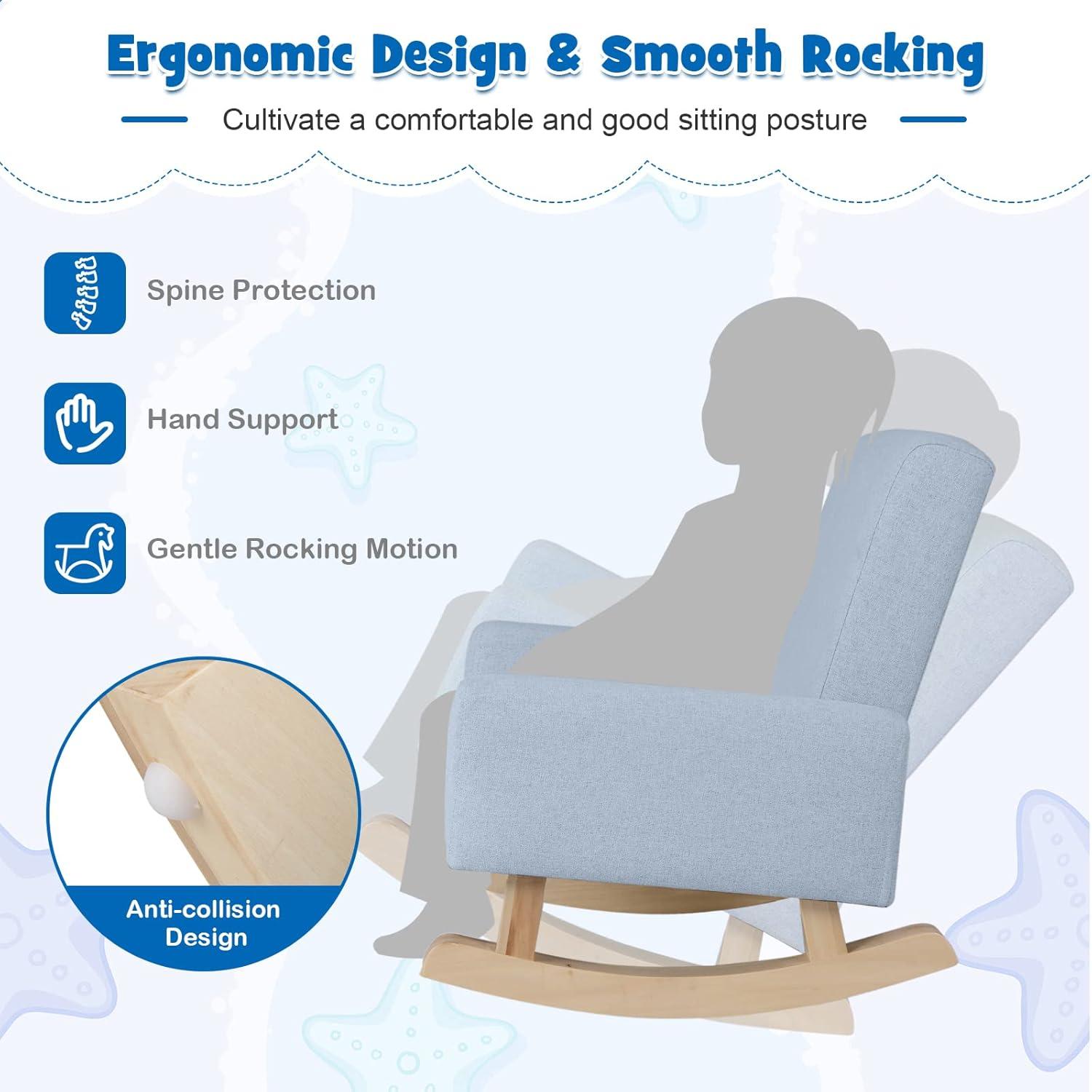 Infans Kids Rocking Chair Children Armchair Linen Upholstered Sofa w/ Solid Wood Legs