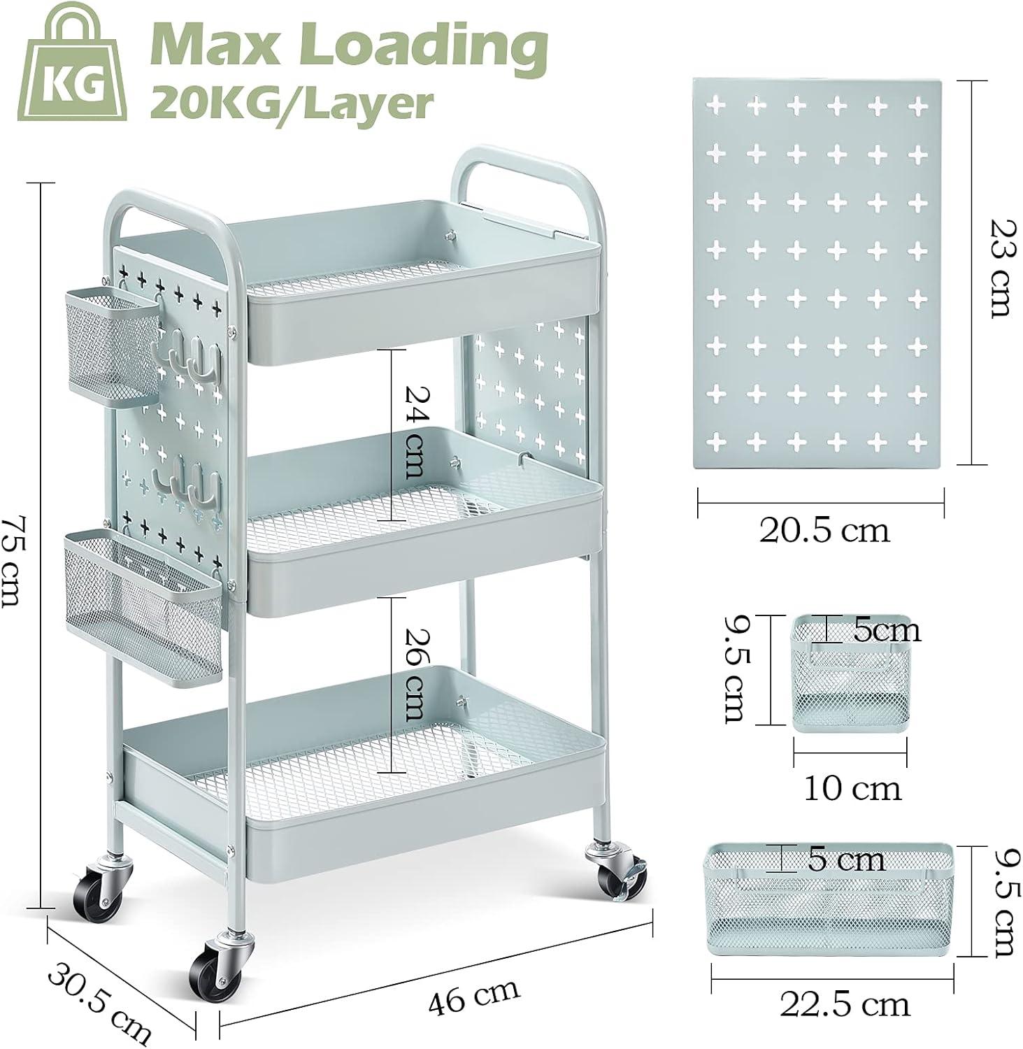 Green Metal 3-Tier Rolling Utility Cart with Pegboards and Hooks