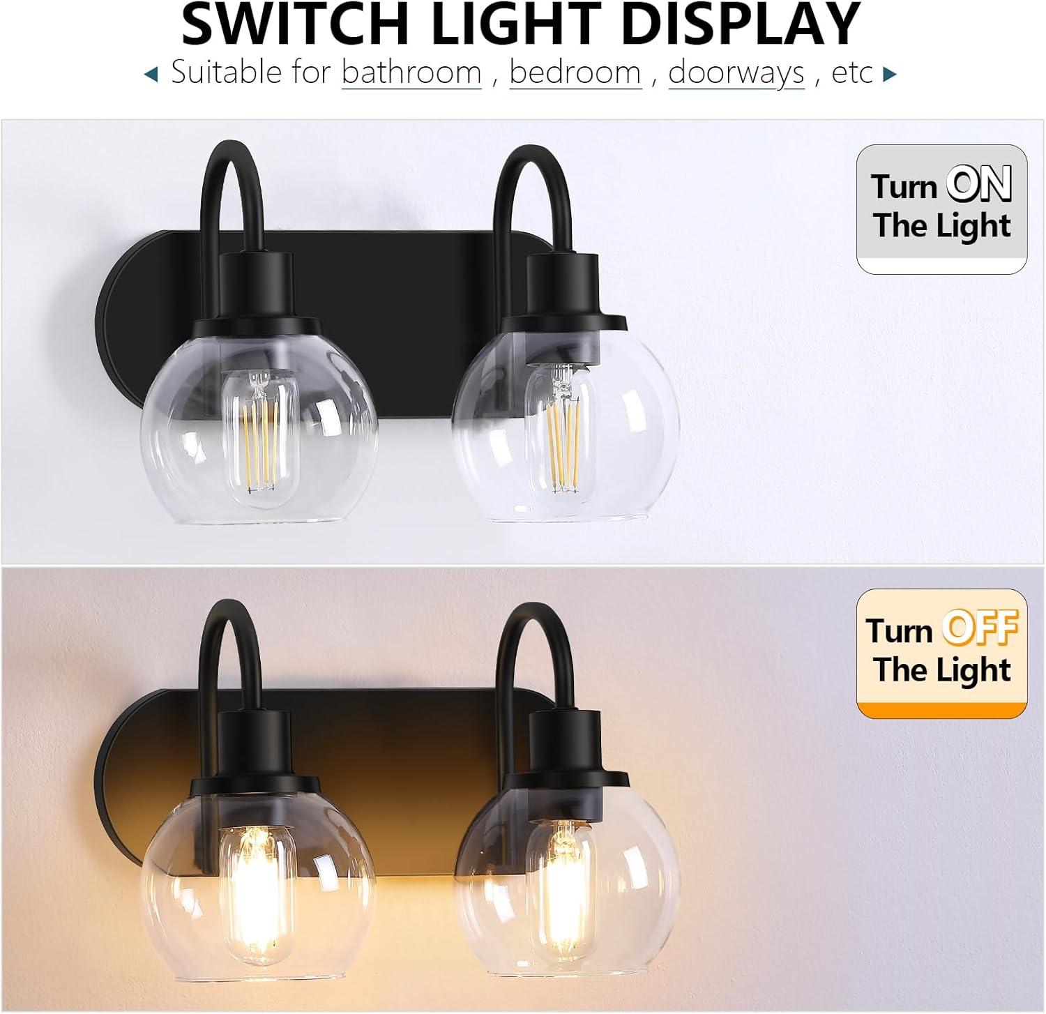 Modern 2-Light Vanity Light, Bathroom Lighting Fixture Over Mirror With Clear Glass Shade and Metal Base, Matte Black Wall Mounted for Bathroom