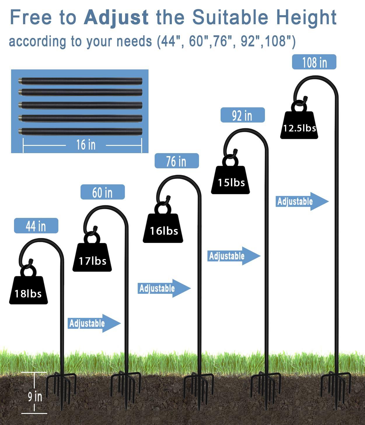 Arlmont & Co. Velsie 108 Inch Outdoor Shepherd Hook With 7 Prong Base (1 Pack), Adjustable Heavy Duty Garden Hanging Stake , Matte Black