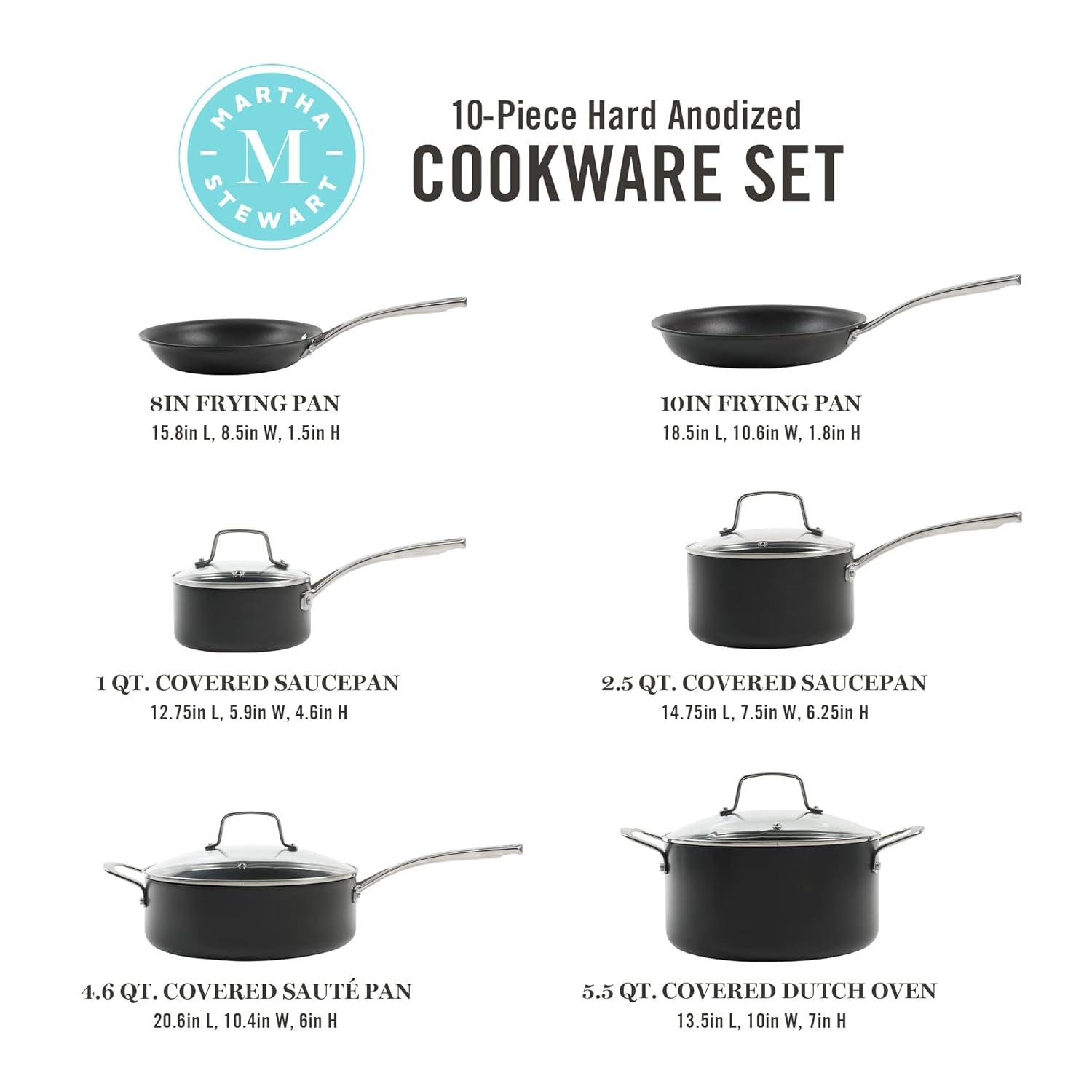 Martha Stewart Martha Stewart Bosworth 10 Piece Hard Anodized Nonstick Aluminum Cookware Set - Black