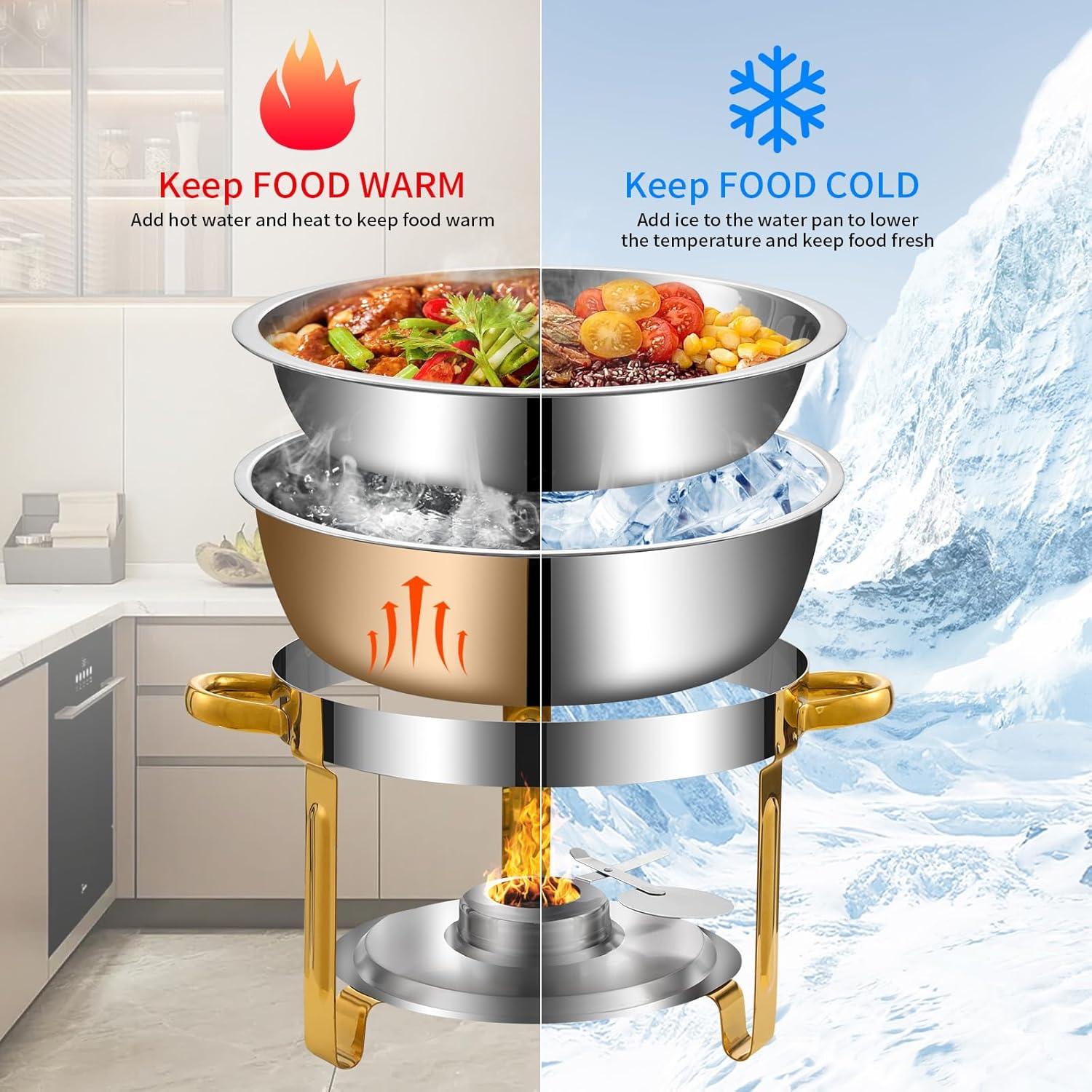 WhizMax Chafing Dish Buffet Set 2 Pack 5QT, Stainless Steel Round Chafing Dishes for Buffet with Lid Holder & Glass Lid, Gold