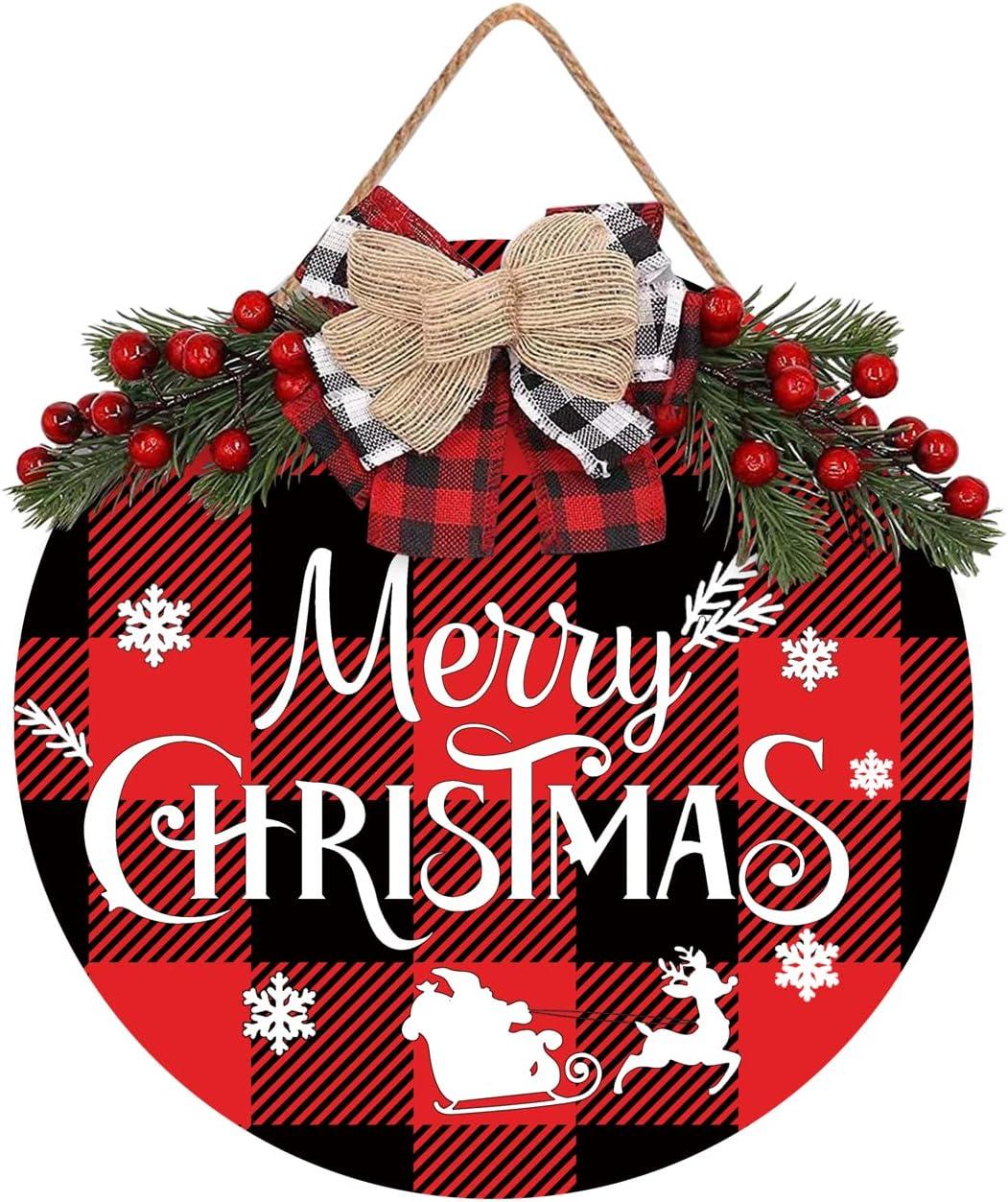 Rustic Red and Black Plaid Wooden Merry Christmas Sign