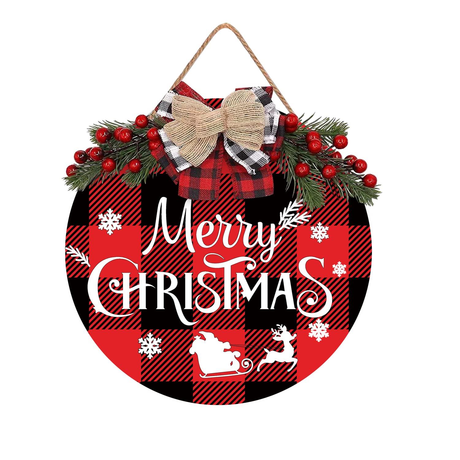 Rustic Red and Black Plaid Wooden Merry Christmas Sign