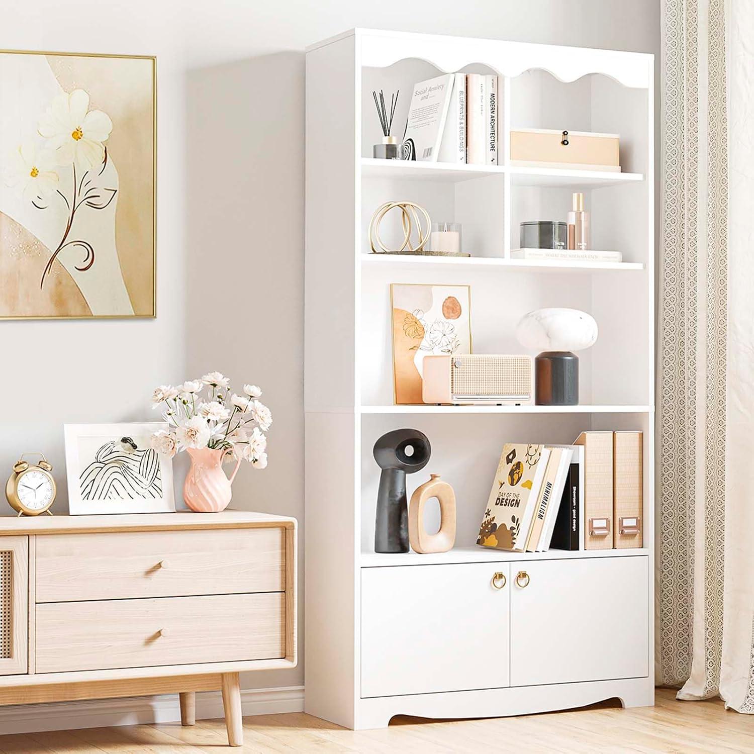 5-Tier White Bookcase, 63 Inch Tall Bookshelf with Open Storage Shelves & Doors, Modern Wooden Floor Standing Display Storage Shelves