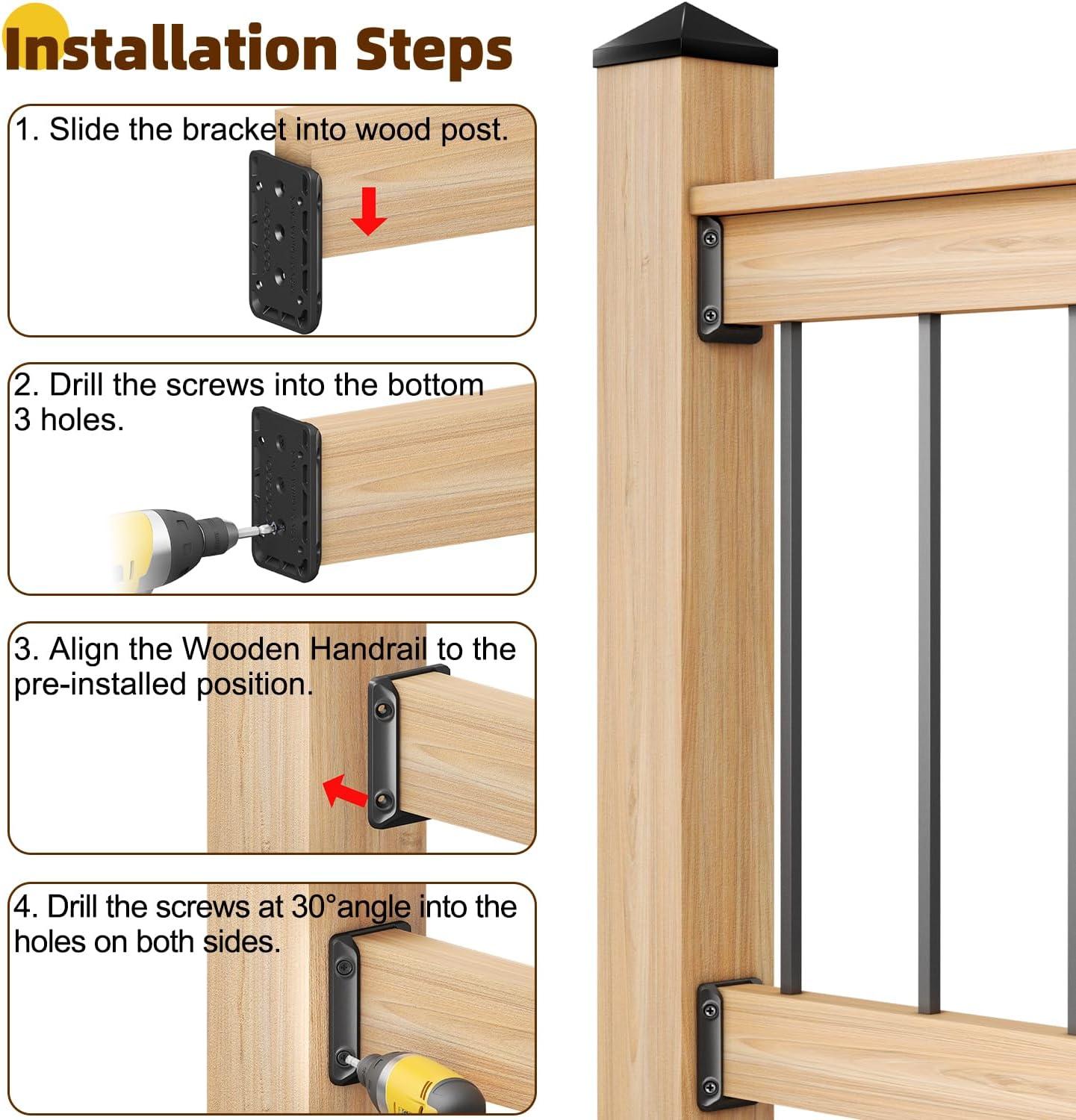 30 Pcs Deck Railing Bracket Connectors for 2"×4“ (Actually 1.5”x3.5“) Wood Post to Handrail Connection, Railing Connectors with 210 Pcs Galvanized Black Screws for Wooden Stair Fence Railings