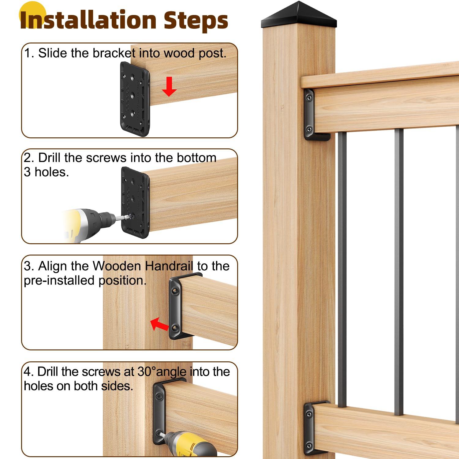 30 Pcs Deck Railing Bracket Connectors for 2"×4“ (Actually 1.5”x3.5“) Wood Post to Handrail Connection, Railing Connectors with 210 Pcs Galvanized Black Screws for Wooden Stair Fence Railings